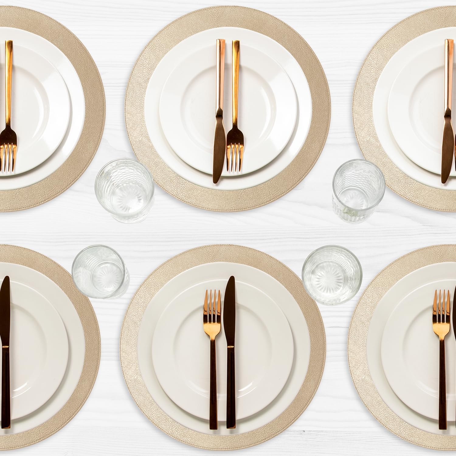 Morgan Faux Leather Set of 12 Placemats, 15" Round, Champagne, Heat Resistant, Stain Resistant, Non-Slip, Reversible, Durable Table Mats for Kitchen, Dining Table, Indoor Washable Use
