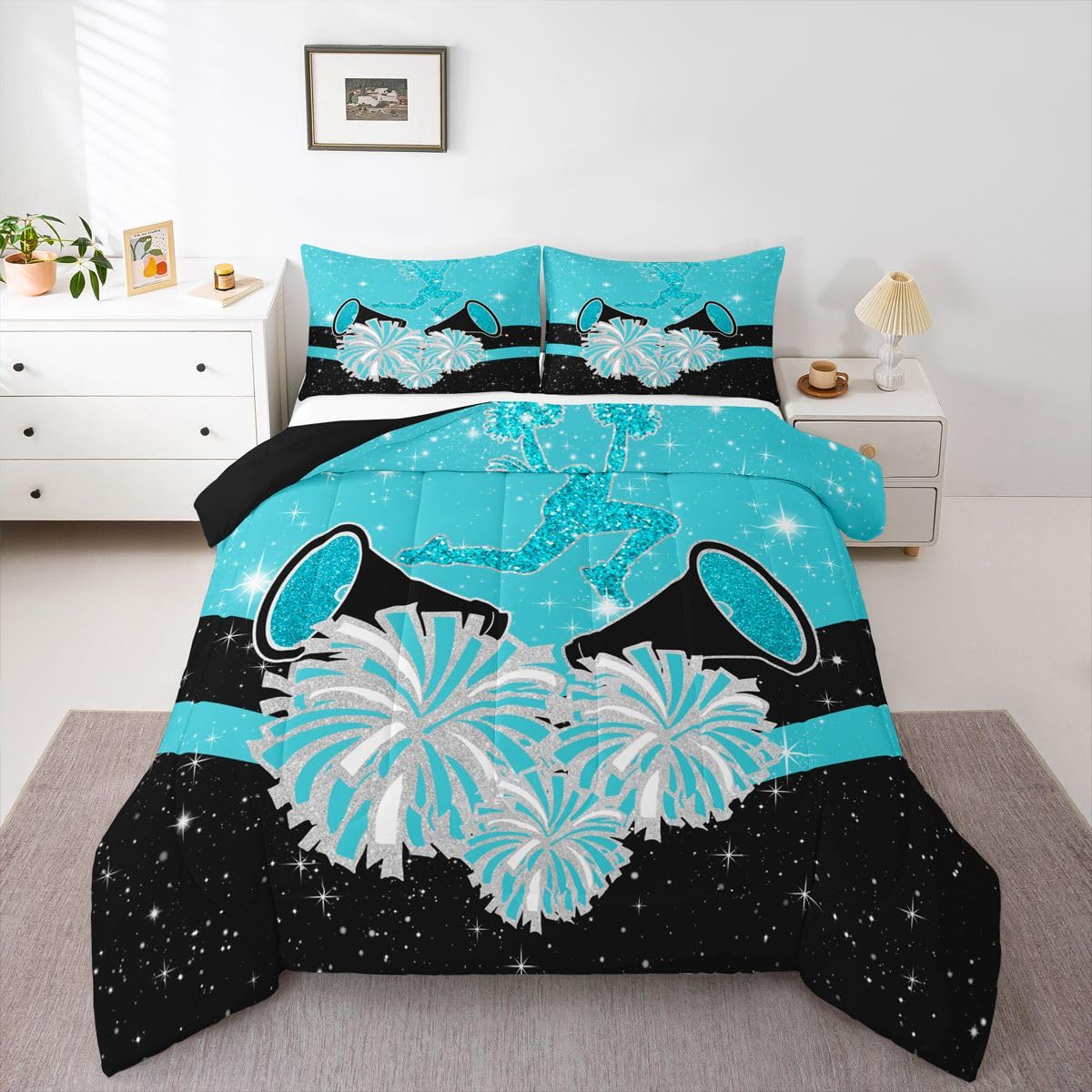 Castle Fairy Cheerleader Bedding Sets Full Size,Cheerleading Glitter Blue Black Reversible Down Comforter Breathable Polyester Quilt Set,Girly Cheerleading Dance Duvet Insert,2 Pillowcases