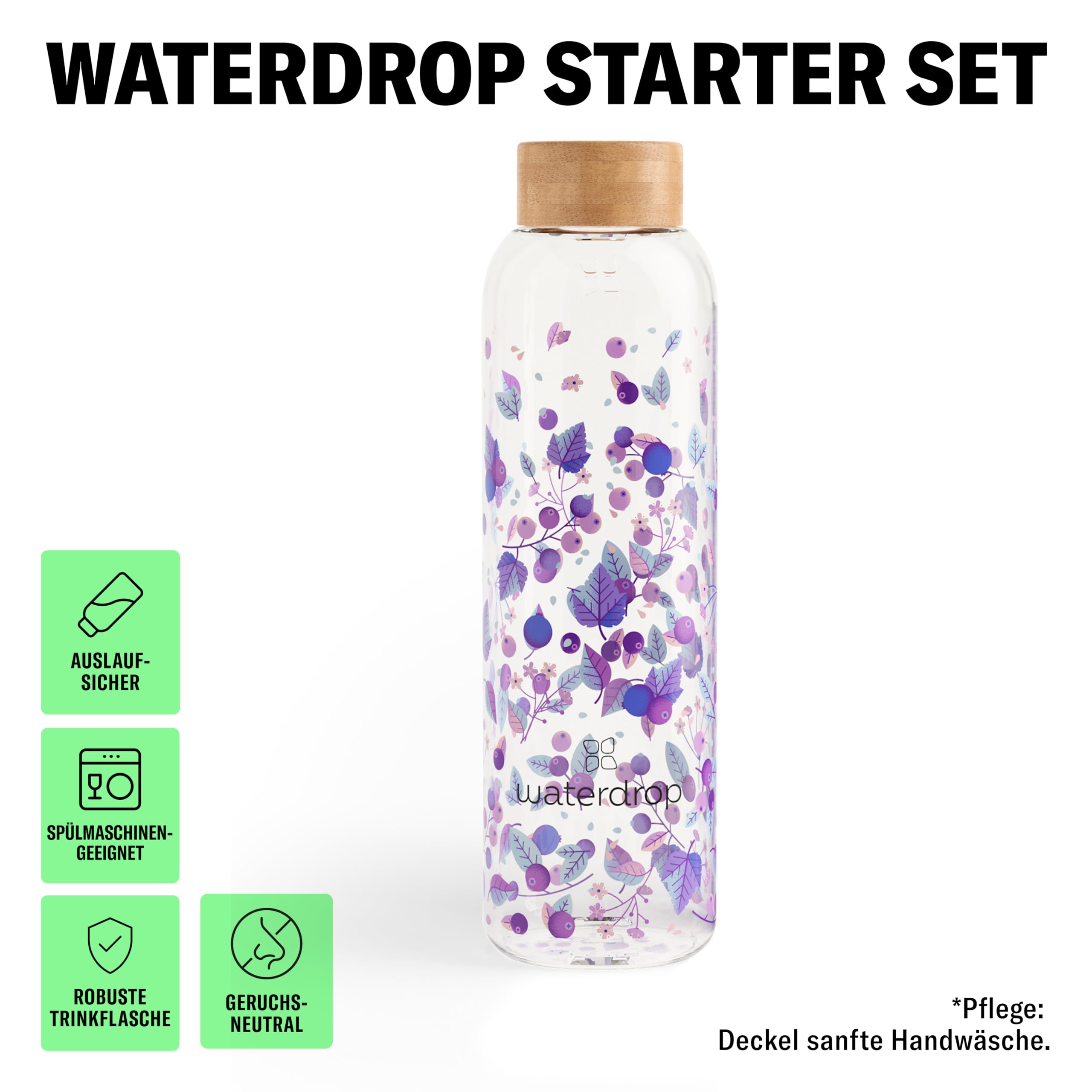 waterdrop® Flasche aus Glas 600ml inkl. 18 zuckerfreie Drops - Geschenk für Frauen - Probierpaket mit Wasserflasche, Flavor Drops & Vitaminen - auslaufsichere Trinkflasche & Kohlensäure geeignet
