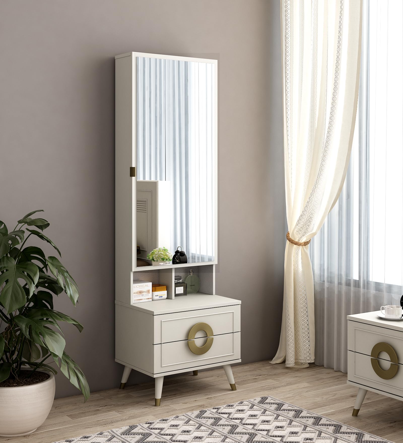 Spacewood Dressing Table | Akira | 3 Year Warranty | 2 Shelves & 2 Drawer, Vanity Table for Bedroom, Living Room, and Home| Engineered Wood | Pumic Grey 42-image-28
