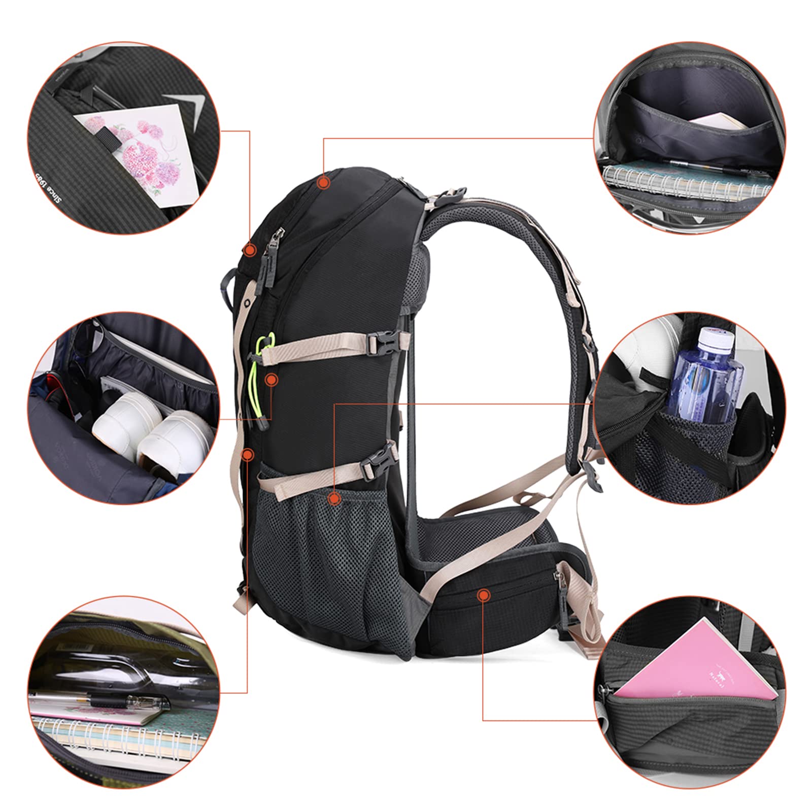 Aoking Sac à dos pour la randonnée/escalade,éléments standards :panneau en maille amovible,imperméable,sifflet SOS,housse de pluie,options :poche à eau 2 litres,sacs de couchage