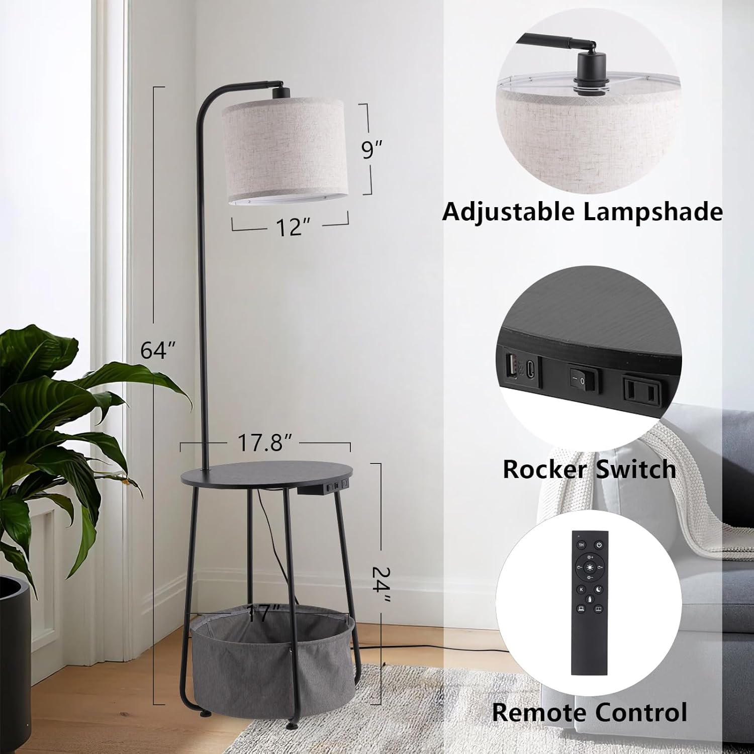 Floor Lamp with Cat Bed and Charging Station, Adjustable Lampshade, 3 Color Temperatures, Remote & Foot Switch Control, Standing Lamp with USB & AC Outlets for Living Room Bedroom, Black