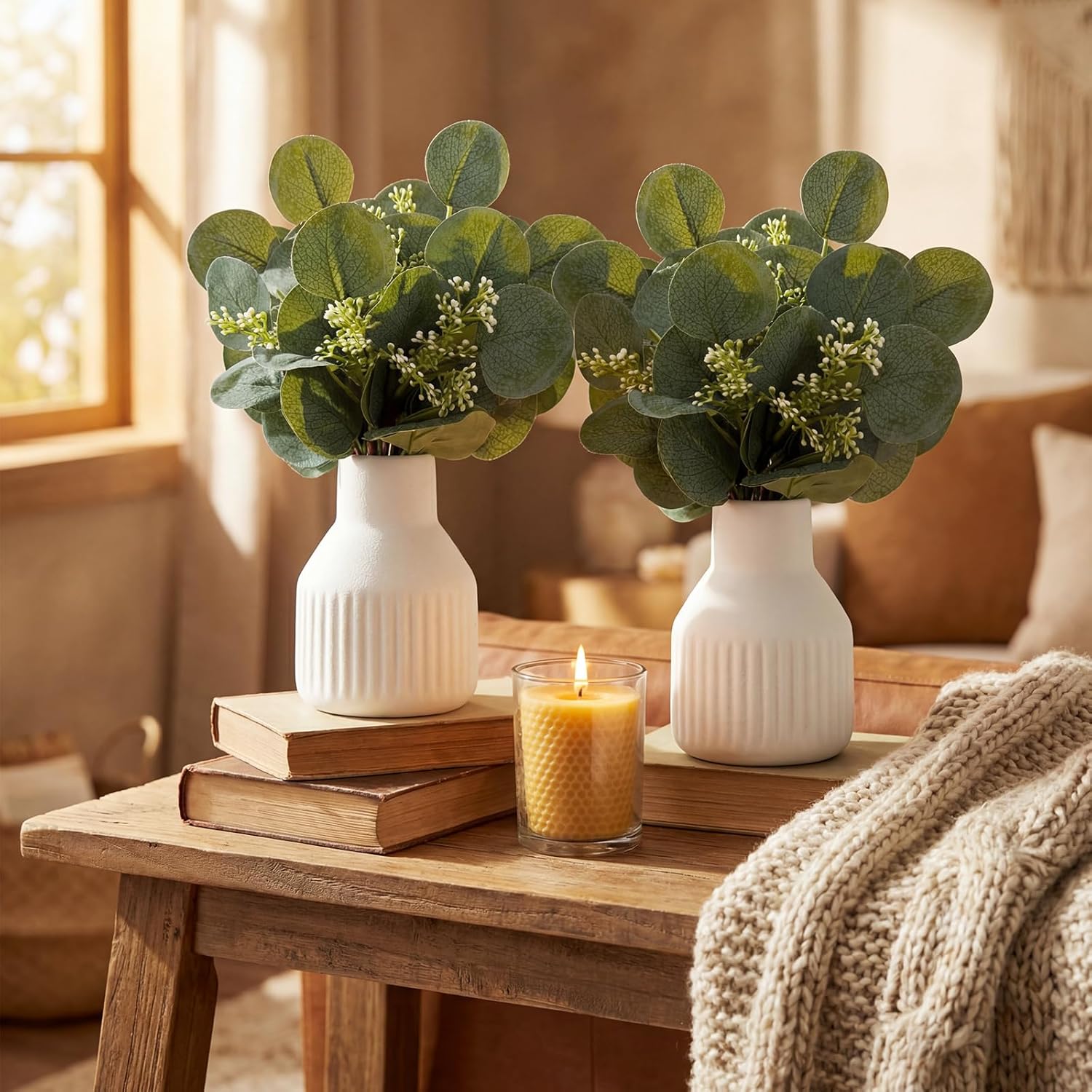 LemonRoad 2 Pack Artificial Eucalyptus Stem in Small Ceramic Vase 13" Fake Greenery Plants for Home Decor 20 Pcs Modern Indoor Fake Eucalyptus Stem for Table Centerpiece Living Room Bathroom