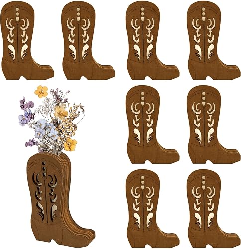 8 Pcs Wooden Cowboy Boot Vases for Wedding Centerpieces, 4x6 Inch | Rustic Western Table Decor Vase with 3D Carving, Farmhouse Boho Style Faux Flower Vases