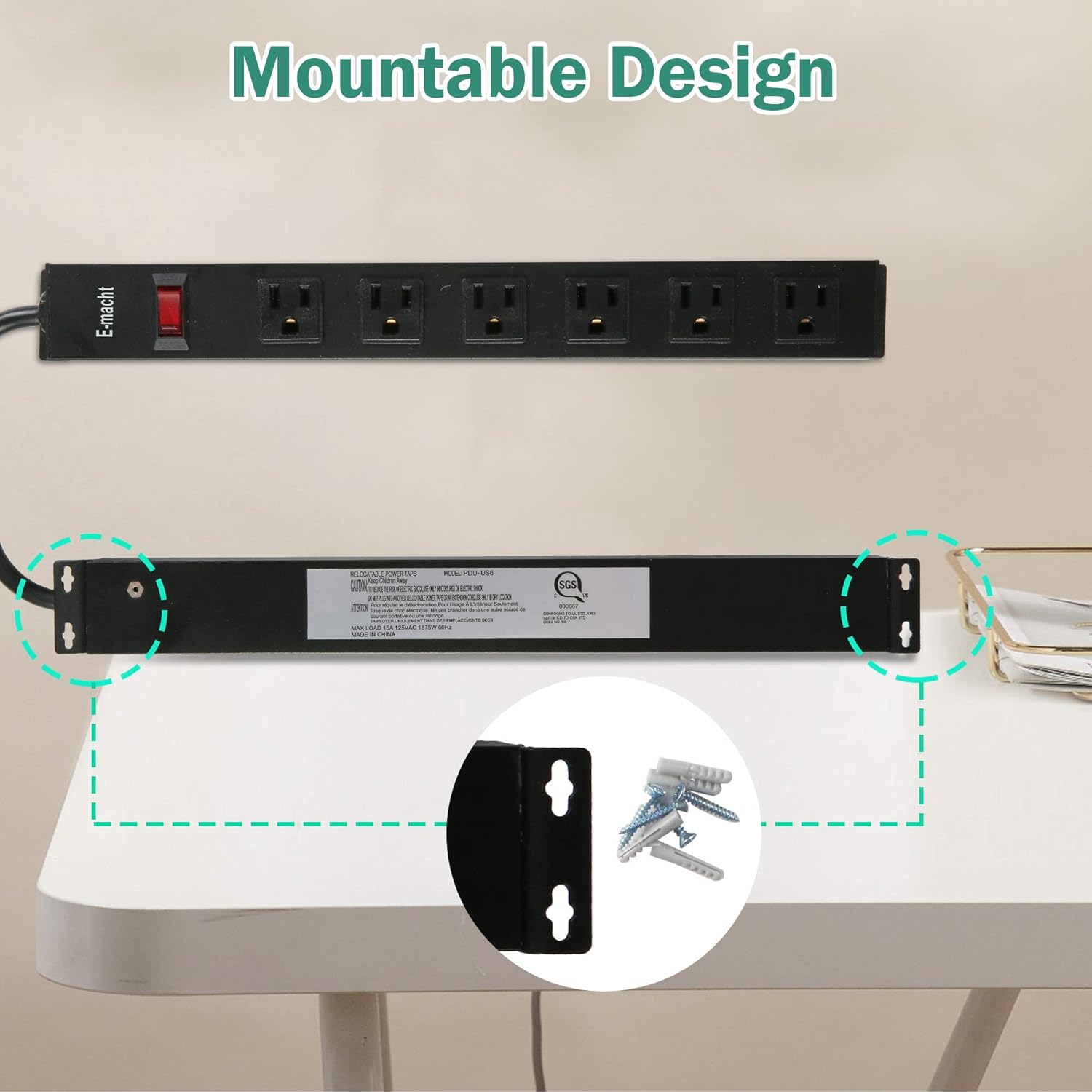 6 Outlet Heavy Duty Power Strip 2 Pack Metal Power Outlet,Wall Mountable Outlet Strip with 6 ft Long Extension Cord,Black