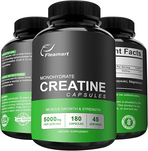 Fleamart Micronized Creatine Monohydrate Capsules, Keto Friendly, 5000mg, 180 Capsules, Creatine Monohydrate Pills Third Party Tested, Manufactured in The USA, Non-GMO, Gluten Free, Vegan Safe