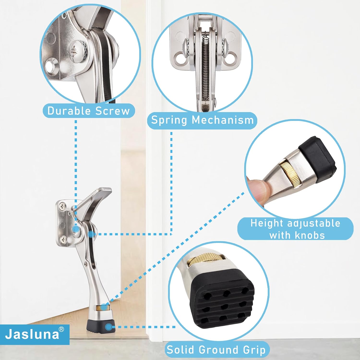 Kickdown Door Stopper, Heavy Duty One Touch Door Stop for Bottom of Door, Easy Height Adjustable with Anti-Slip Rubber Tip, Metal Door Holder (4 Inch,Satin Nickel, 4-Pack)