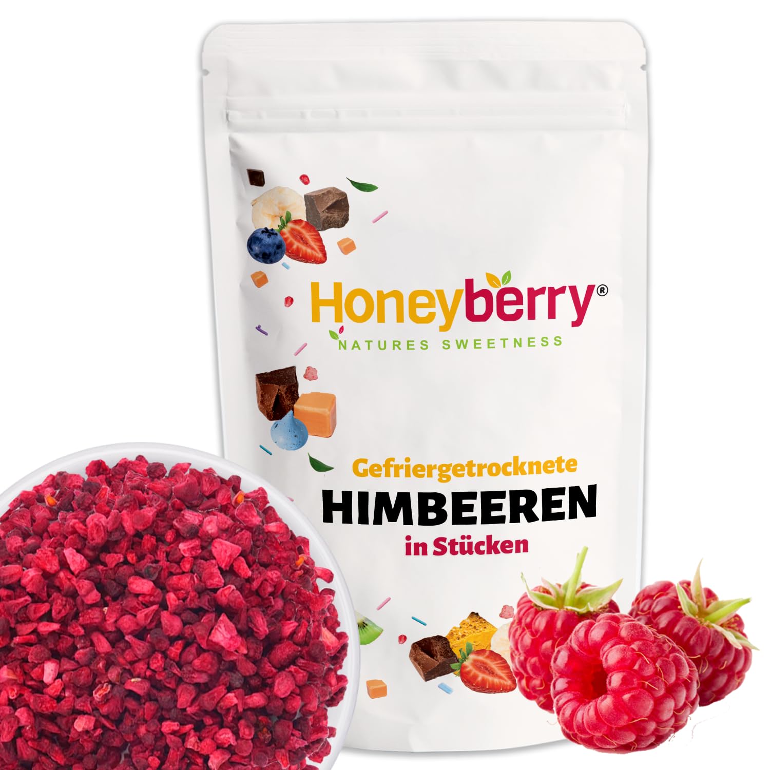 Gefriergetrocknete Himbeeren Stücke 50g - Gefriergetrocknete Früchte - Trockenfrüchte Gefriergetrocknet - Getrocknete Himbeeren - Perfekt zum Backen, Kuchendekoration, für Snacks, Müsli & Desserts