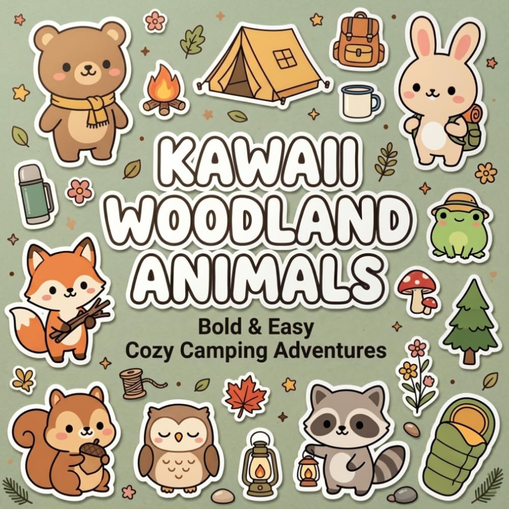 Kawaii Woodland Animals Coloring Book: Bold & Easy Cozy Camping Scenes, Cute Forest Friends, Simple Nature Designs & Stress Relief Coloring Fun
