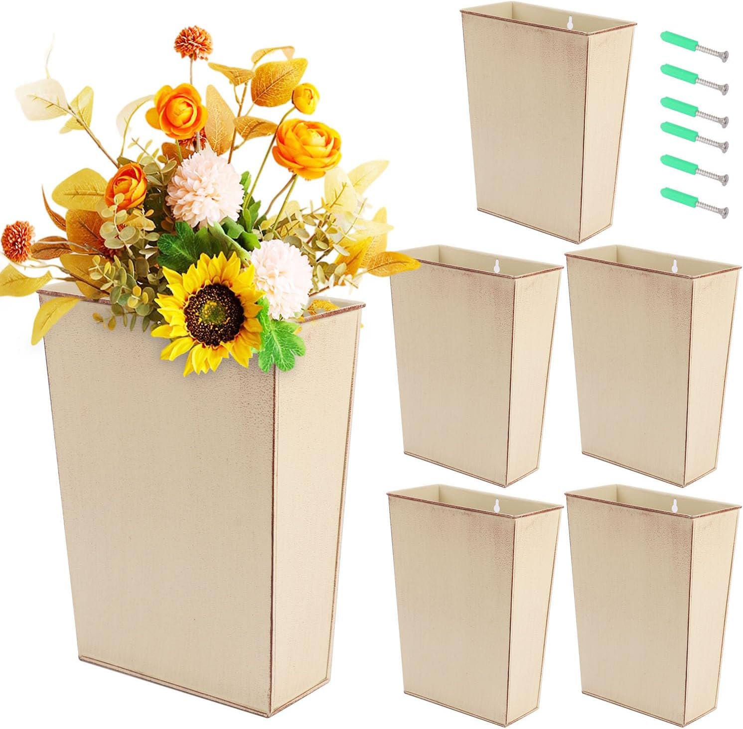 6 Pack Metal Wall Planter, Country Hanging Wall Vase Box, Galvanized Wall Plant Holder, Metal Wall Flowers Holder for Country, Bathroom, Rustic Party, Office, Wedding and Home Wall Decor