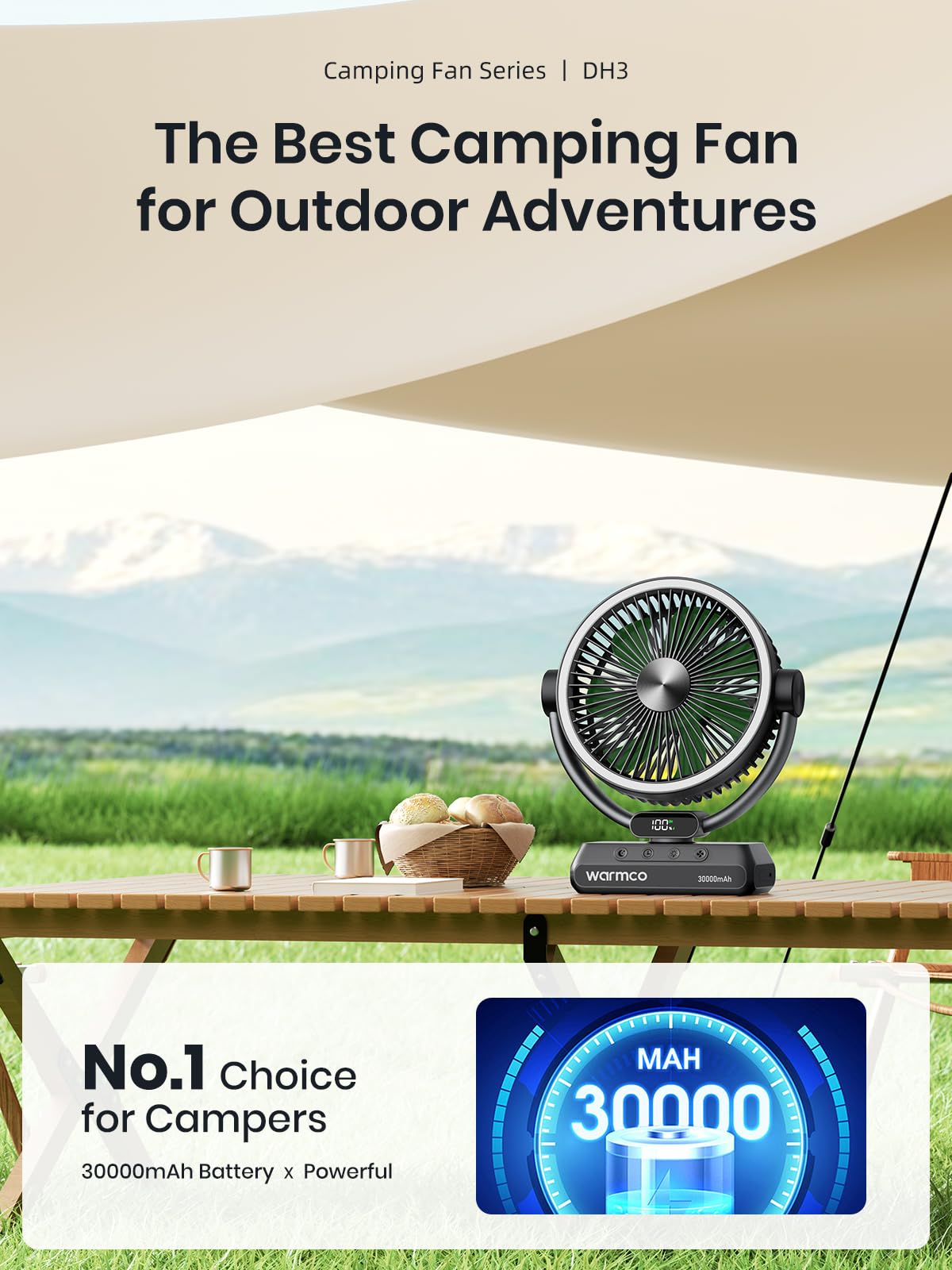 Warmco Camping Ventilator mit 30000mAh Akku, 30W PD Schnellladefunktion, LED Licht, Timer, 15-99 Std. Laufzeit, Leise, mit Haken