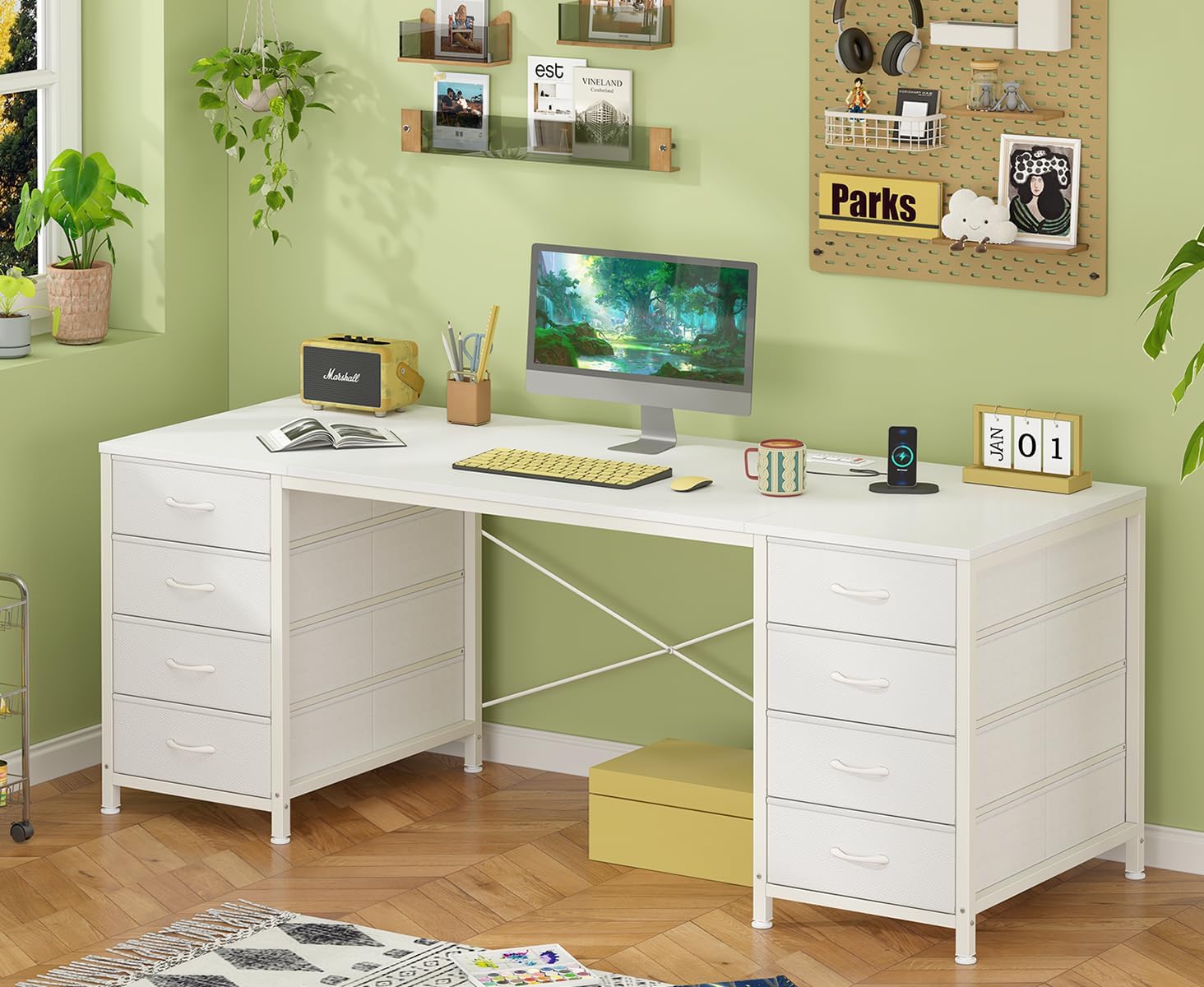 YOMILUVE 60 Inch Computer Desk with 8 Drawers, Home Office Desk with Power Outlets, Work Study Gaming Desk with 8 Fabric Drawers