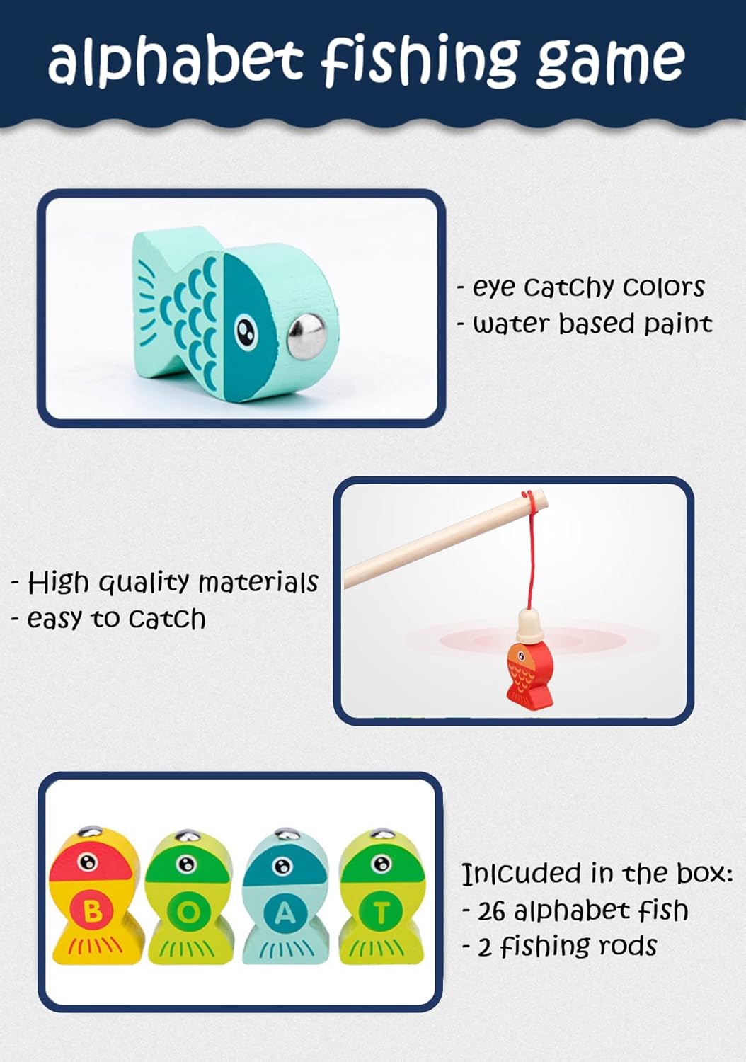 Haktoys Wooden Fishing Alphabet Game Magnetic Learning Toy with Ocean Sticker Book, ABC Toy with 26 Lettered Fish & 2 Poles, Educational Travel Game for Toddlers Preschool Kids