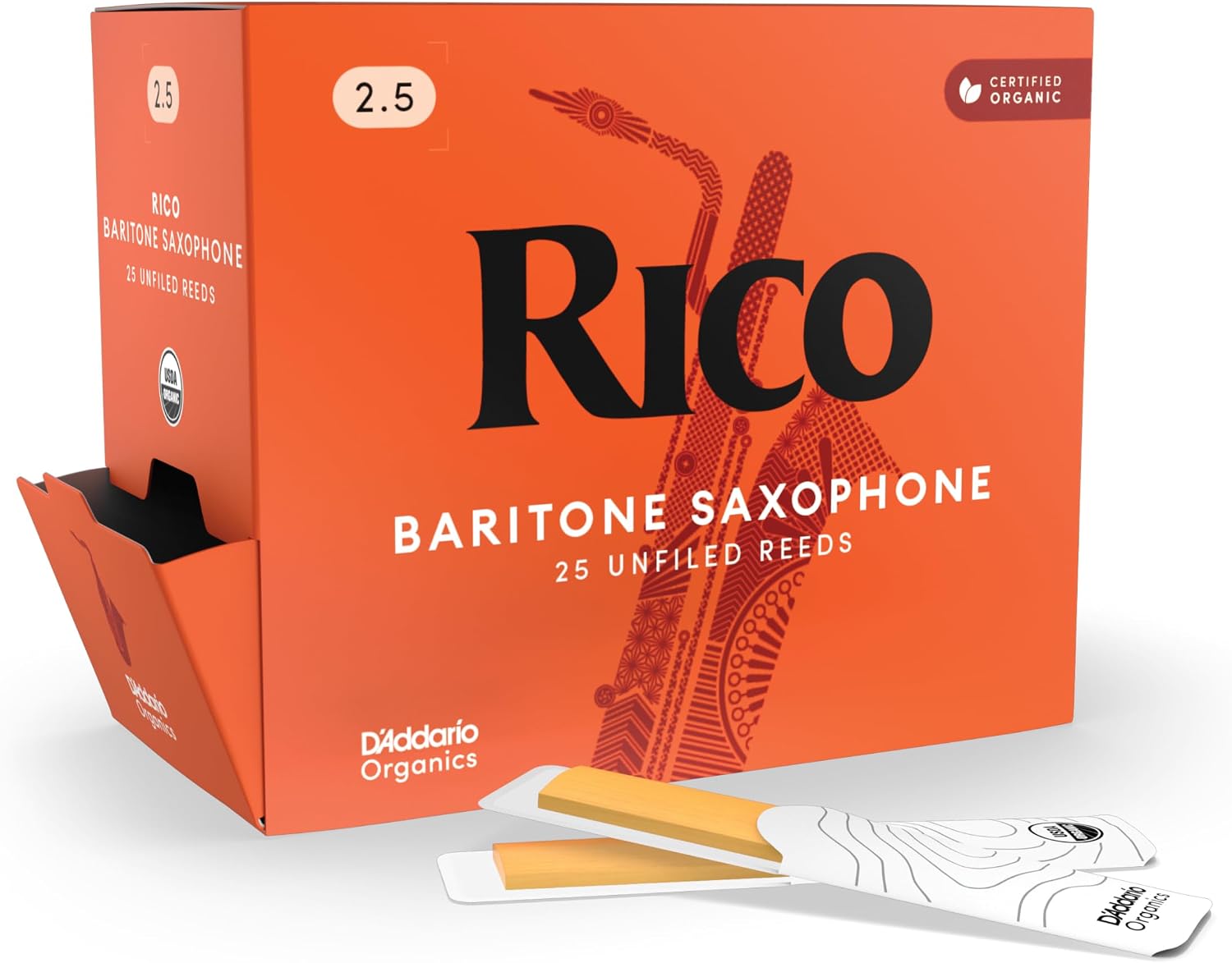 Rico Organic Baritone Saxophone Reeds, Strength 2.5, Pack of 25