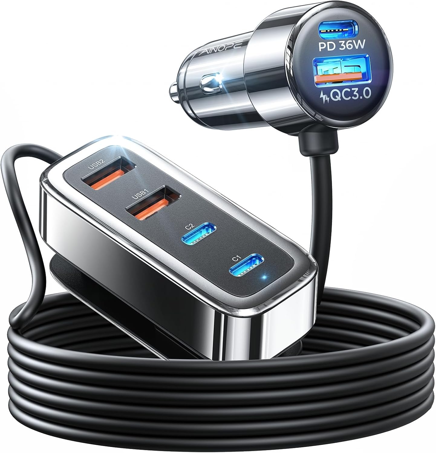 AINOPE 108W Cigarette Lighter USB Charger, 6-Port USB Car Charger Fast Charging PD36W & QC3.0 Type C Cigarette Lighter Multi Socket for Long Trips with 5FT Cable for iPhone 16e/15, Samsung S25, iPad