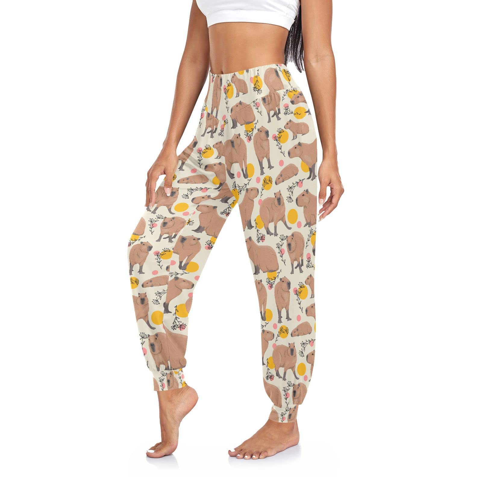 Aflyko Women Boho Trousers Capybara Golden Dot Sweatpants Yoga Dance Harem Pants