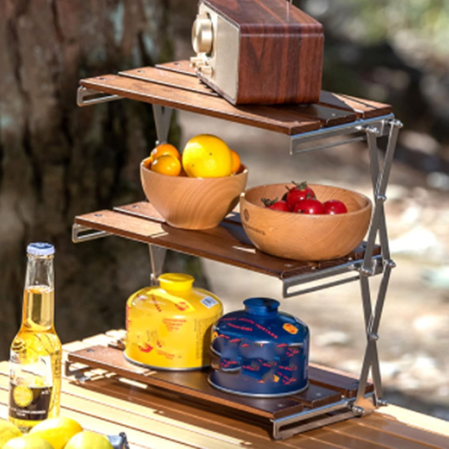 Topyond 3-Tier Storage Shelf Racks, Folding She lf Storage Rack, Strong Load Bearing Fine Polishing Metal Beech Wood Camping Organizer for Outdoor Camping(Chrome-Plated Shelf)