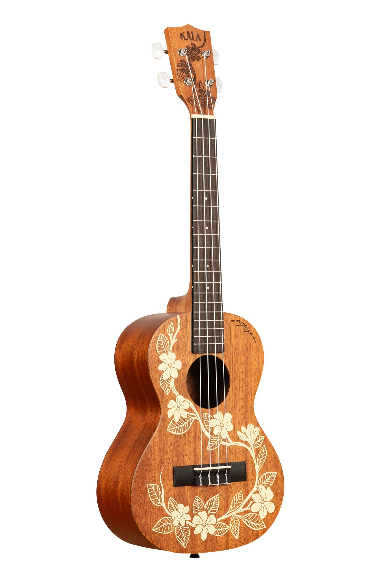 Kala Brand Music Co., 4-String Ukulele, Right, Stained Mahogany with Ivory Graphic, Tenor (KA-Gardenia-T_W/Bag)