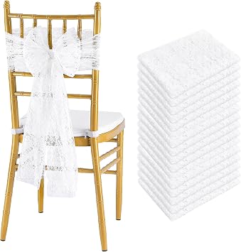 Fanqisi 16 Pack White Chair Sashes 8ft Lace Chair Cover Wedding Aisle Decorations Vintage Embroidered Chair Bows for Party Reception Dinning Decor 9.5 x 94.5 inch