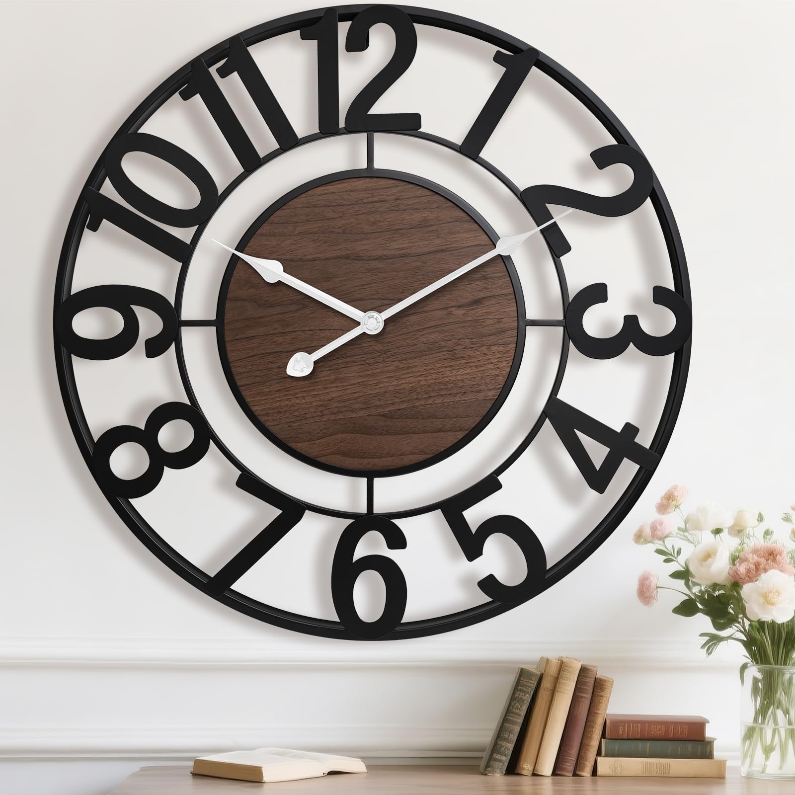 Pytha Sight Brown Large Wall Clock For Living Room,33.5Cm Black Skeleton Modern Big Silent Vintage Walnut Wood Arabic Numerals Wall Clocks For Kitchen,Bedroom, Office, Fireplace, Classroom Home Decor
