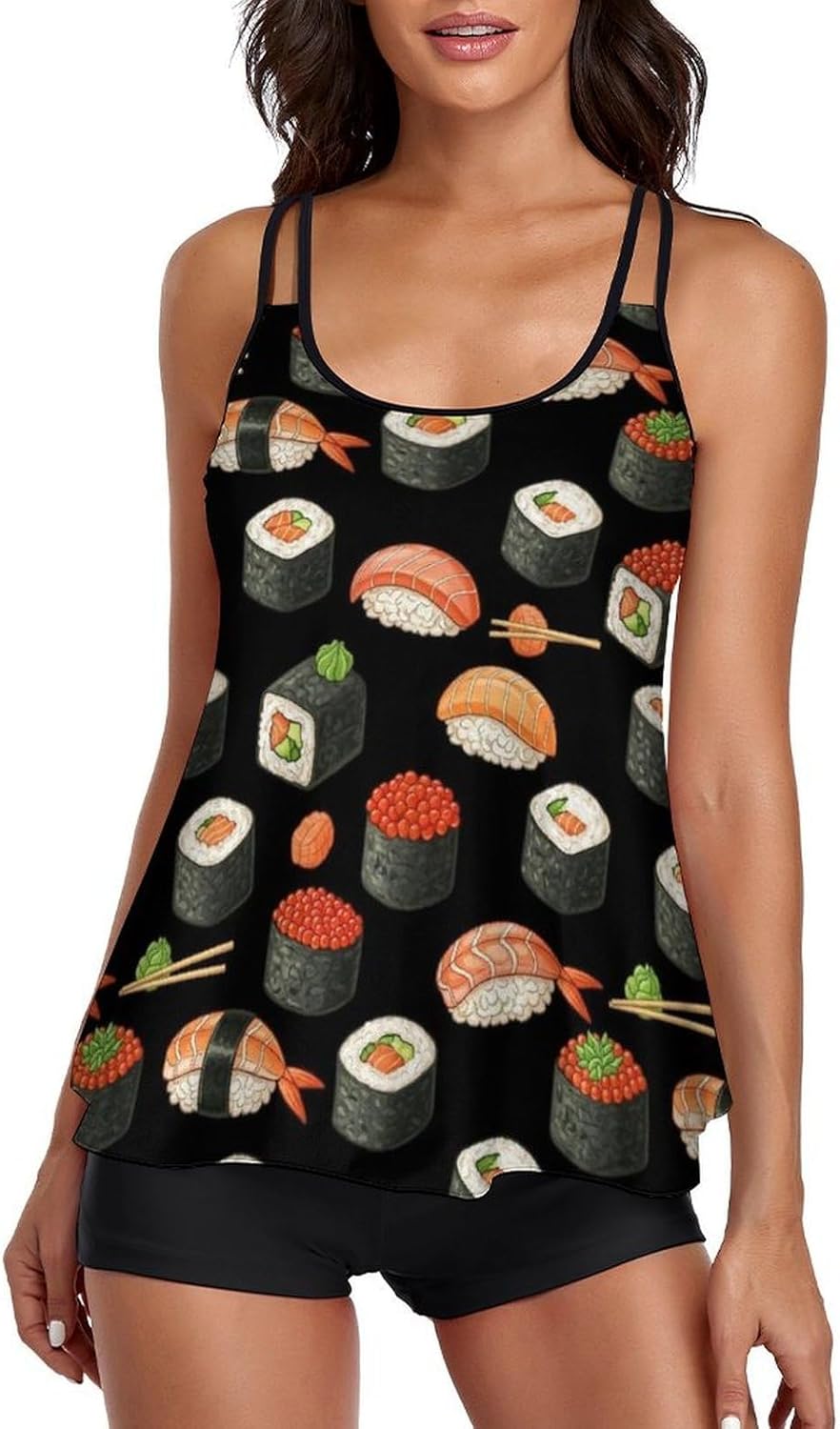 Women's High Waisted Tankini Swimsuit, Tummy Control Tank Top with Adjustable Shoulder Straps