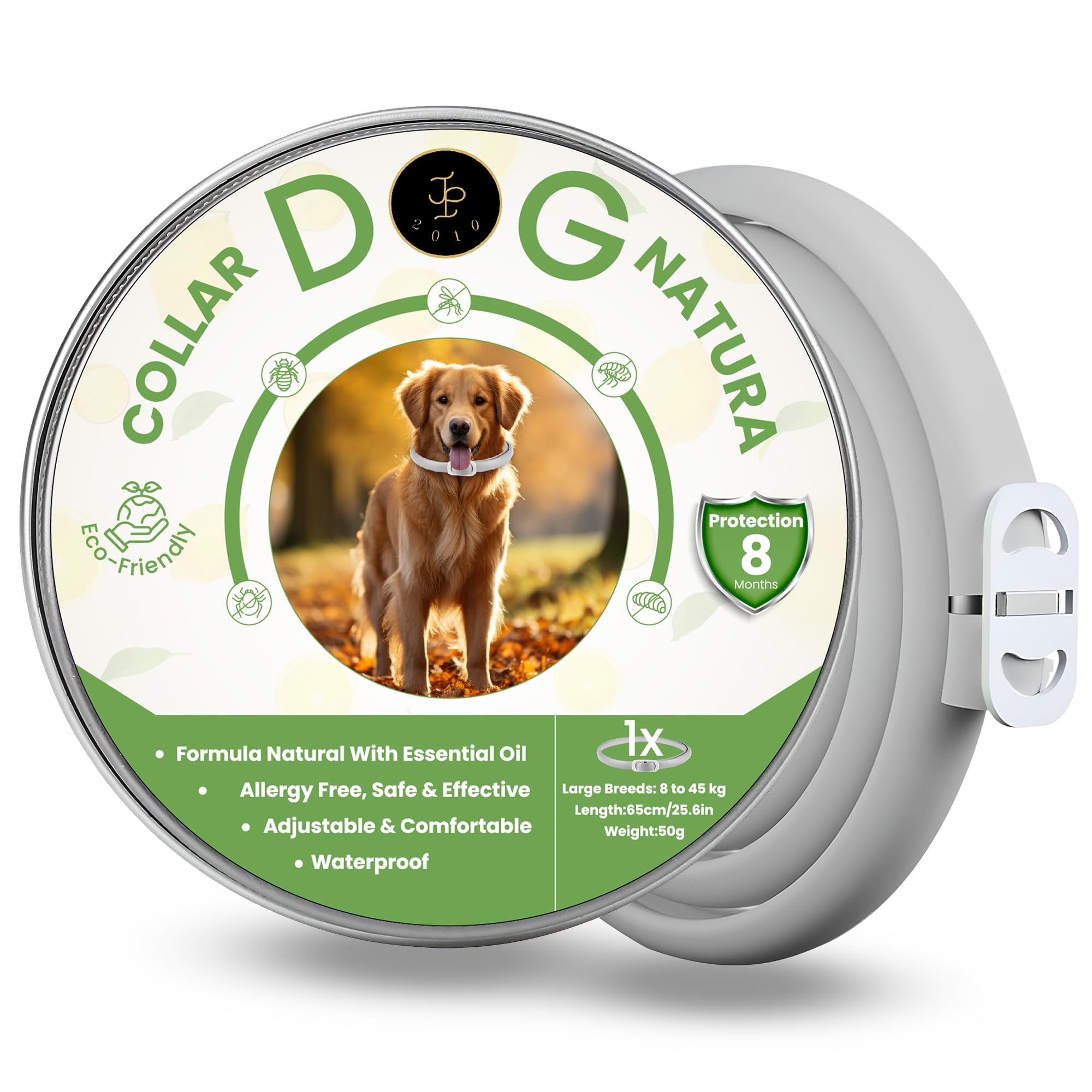 JP 2010 ® Collar Antiparasitario para Perros De Raza Mediana y Grande, A Base De Aceites Esenciales 100% De Efecto Repelente. 8 Meses De Protección contra Pulgas, Garrapatas y Mosquitos. (Raza Grande)