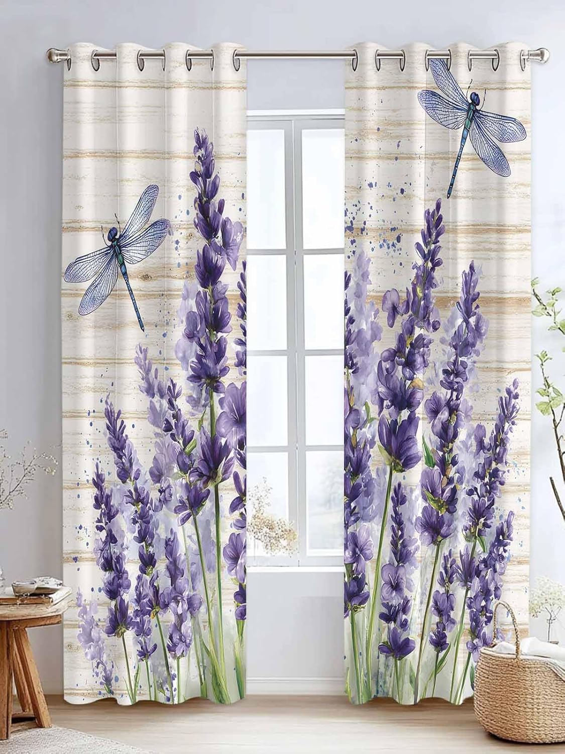 Purple Floral Lavender Dragonfly Kitchen Curtains Window Drapes Treatment, 2 Panels Sheer Curtains for Kitchen Cafe Office, Retro Country Wooden Board 104W x 96L inch