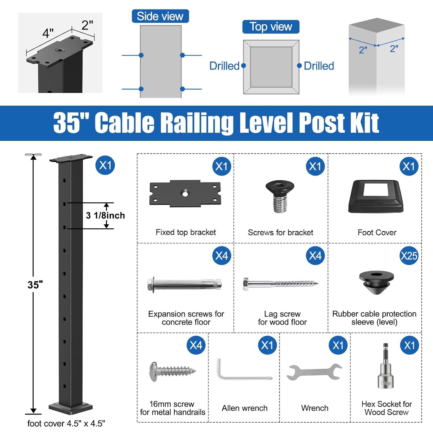 CKE 36" Level Drilled Cable Railing Post, Black Cable Railing Post (Post 35"x2"x2") for Deck Railing, Stainless Steel Flat Top Surface Level Line Post with Cable Grommets for Indoor Outdoor, LP02