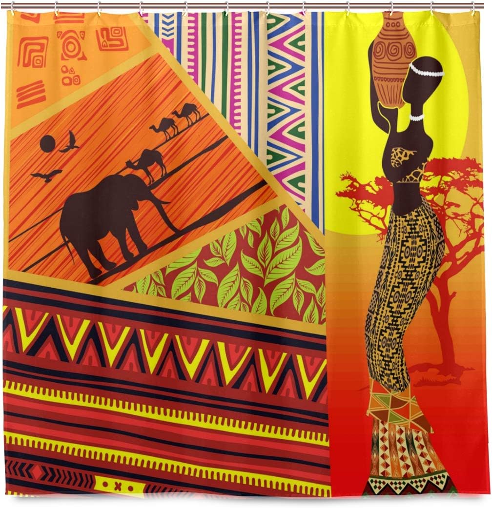 funnyy Shower Curtain Ethnic Tribal African Woman Animal Waterproof Polyester Fabric Bath Shower Curtains with Hooks for Home Bathroom Decor, 72 x 72 Inch