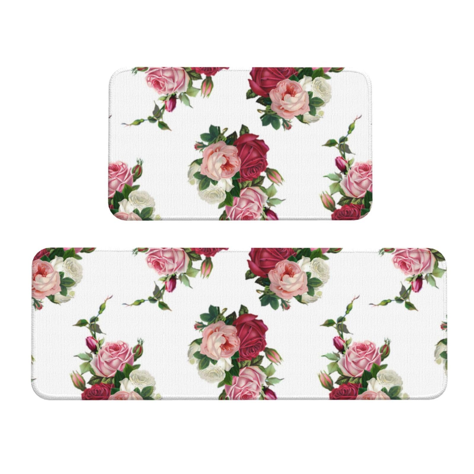 NHSXBEY Pretty Victorian Cabbage Roses Kitchen Mat, Cushioned Anti Fatigue Kitchen Rug Set, 2 Pieces Non Slip Waterproof Kitchen Mats for Floor