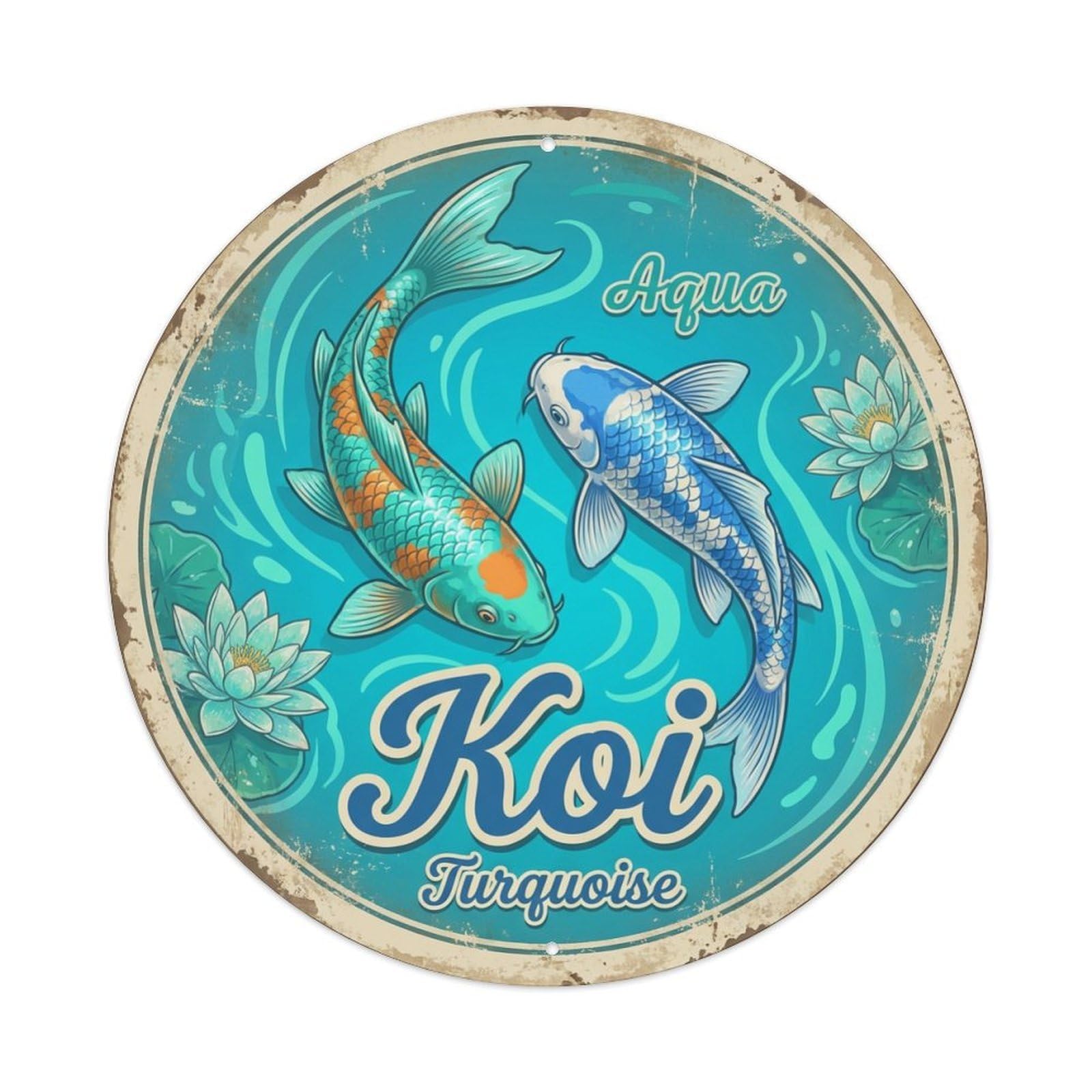 Metal Tin Sign Koi Fish Aqua Blue Japanese Vintage Ukiyo-e