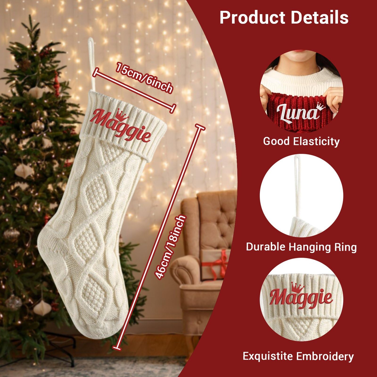 Calcetines de Navidad grandes de punto de 45,72 cm con nombres bordados personalizados, calcetines de Navidad grandes de punto para Navidad, decoración familiar y para colgar en la chimenea