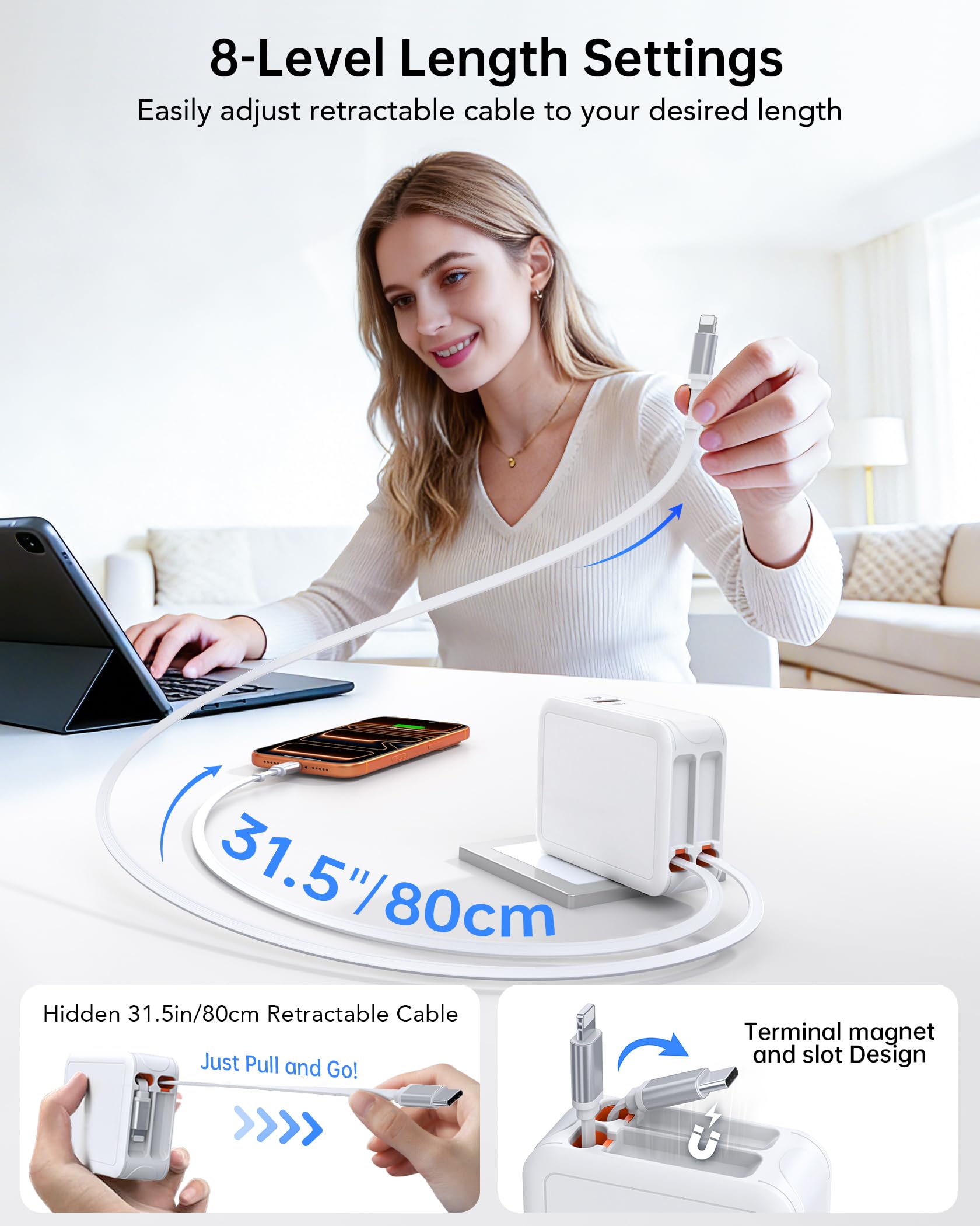 Cargador de teléfono retráctil 4 en 1 con doble puerto USB, cargador de pared retráctil de 2 pies con cables duales, cargadores USB C de 50 W que bloquean la carga rápida para iPhone 17 Pro/16/15/14