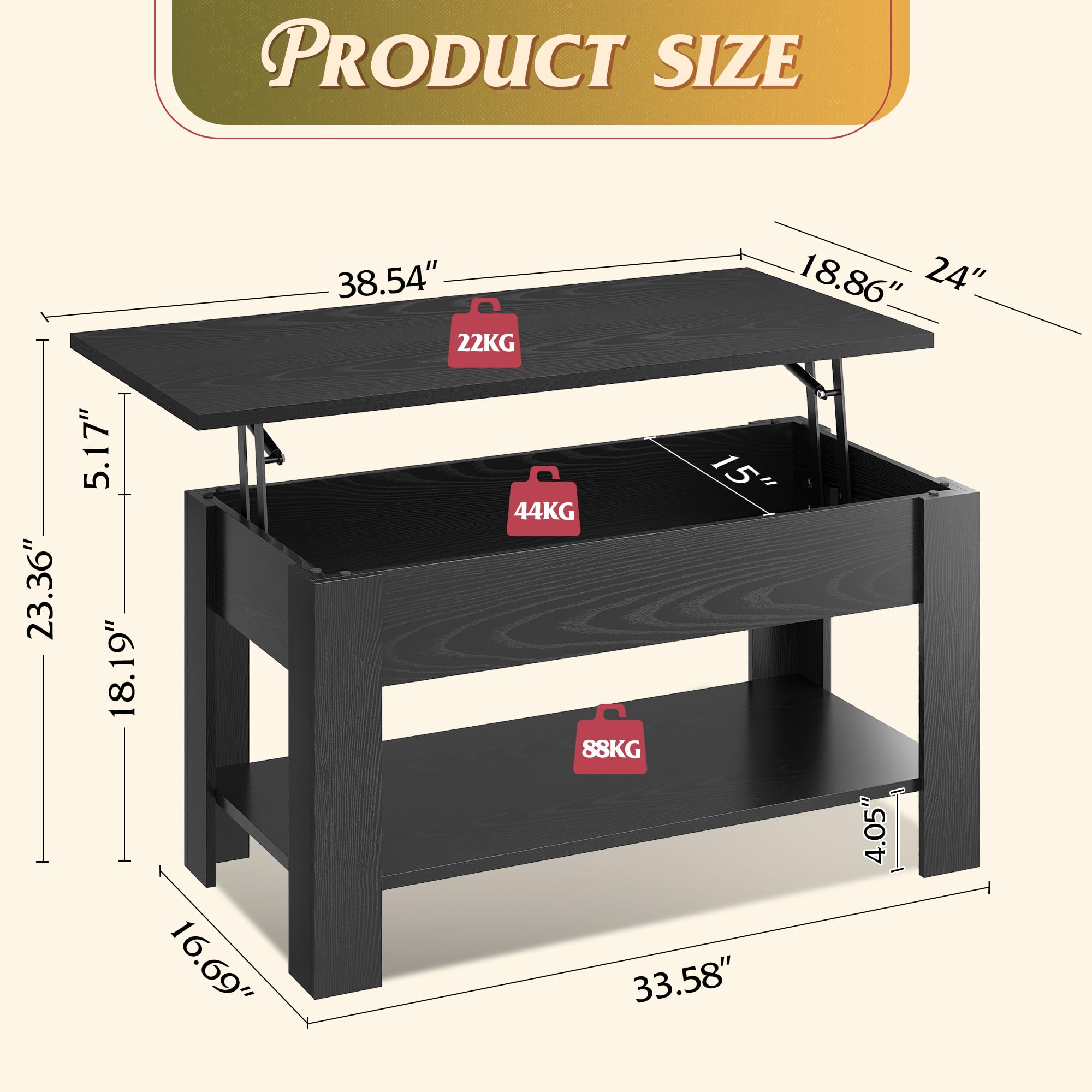 WLIVE Mesa de Sofá Centro con revistero, Mesa de Café elevable, Medidas: 100 cm (Largo) x 45/60cm (Alto) x 48 cm (Fondo) (Negro Carbón)