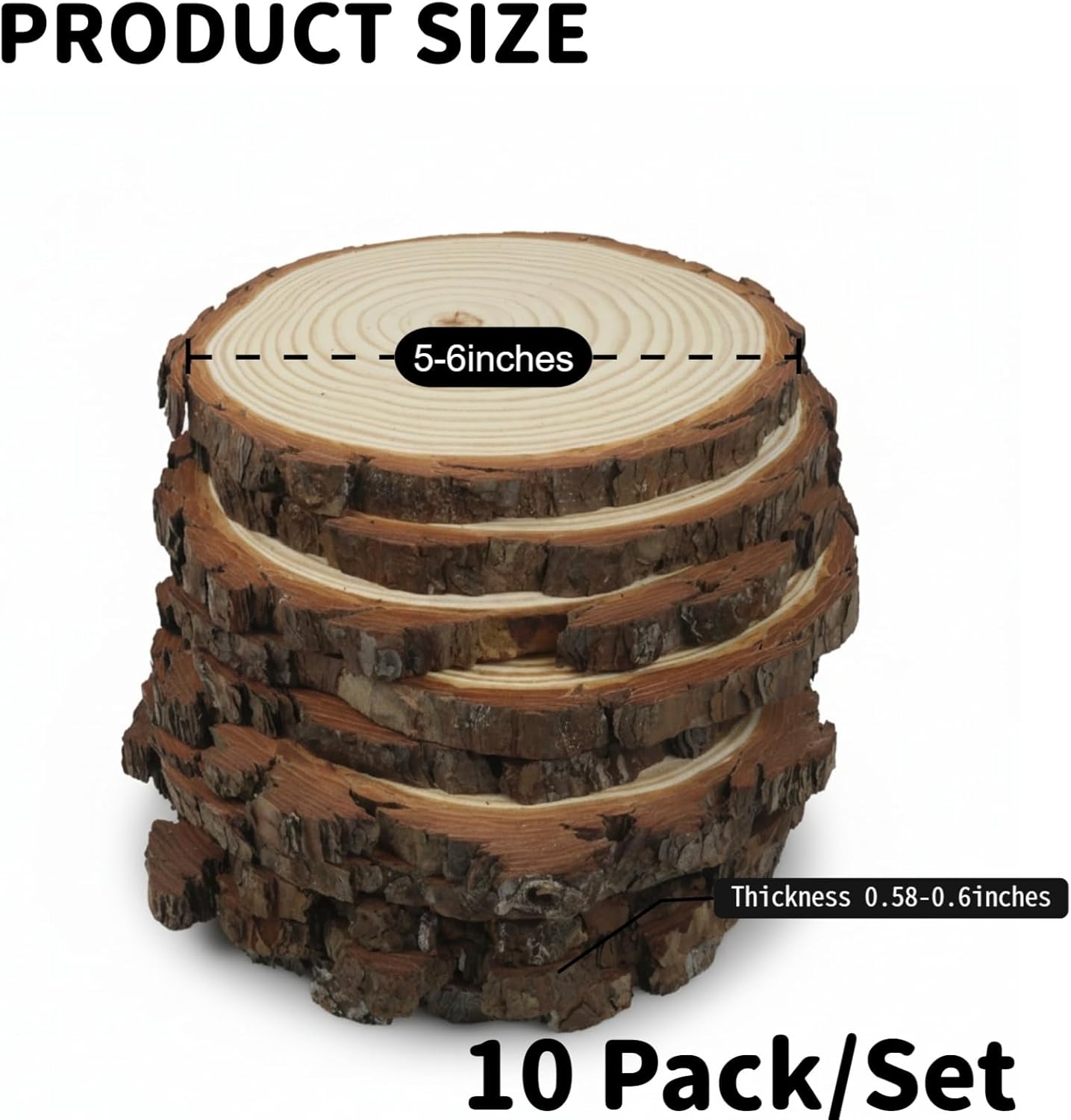 Natural Wood Slices, 5-6 Inch Round Unfinished Wooden Rounds, 10 Pack, for Wedding Centerpieces, DIY Crafts, Table Decor