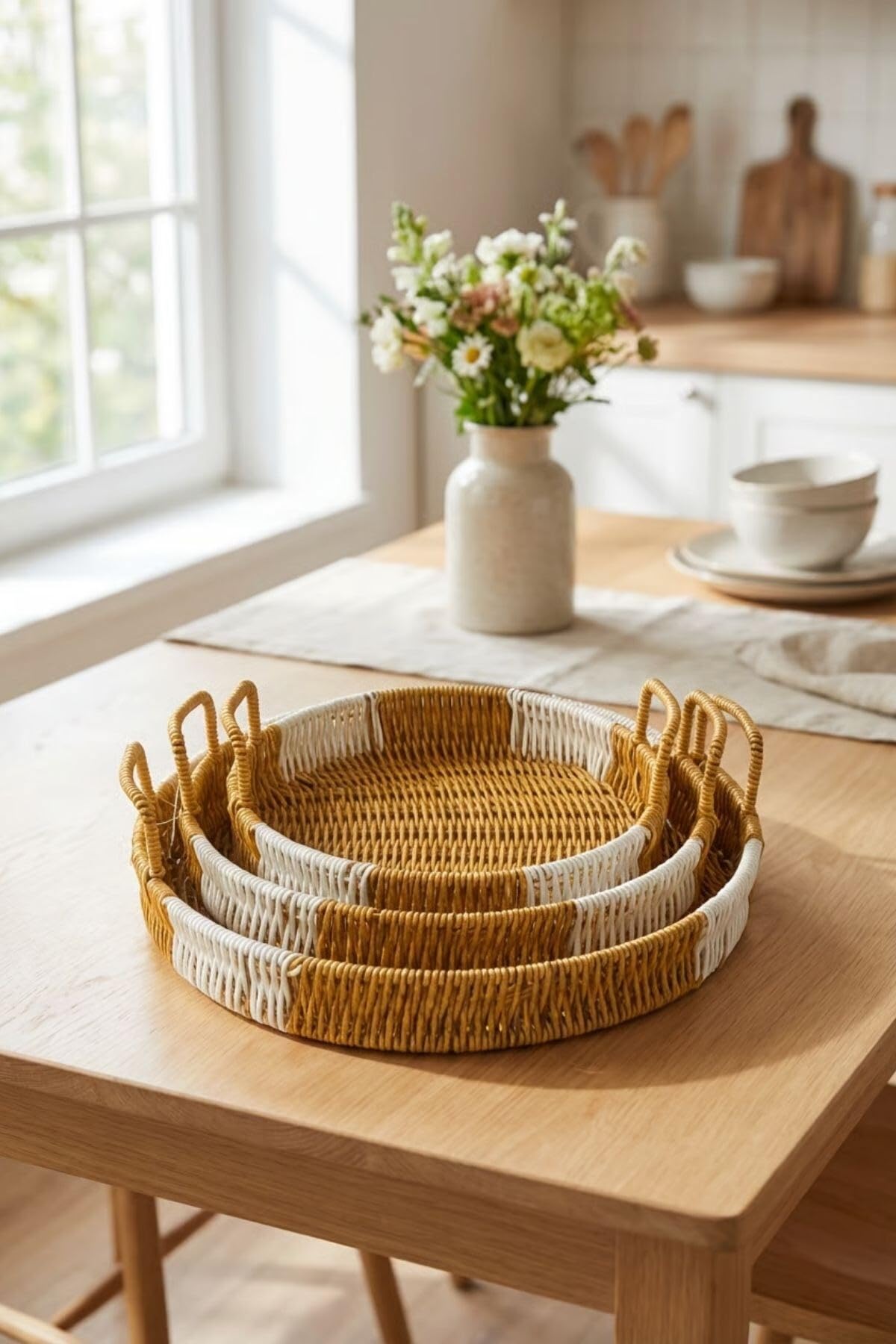 BUFFER İç İçe Geçebilen 3'lü Yuvarlak Plastik Rattan Tepsi Seti, Hasır Görünümlü, Bej, 28x31.5x35 cm, Çok Amaçlı Servis Tepsisi