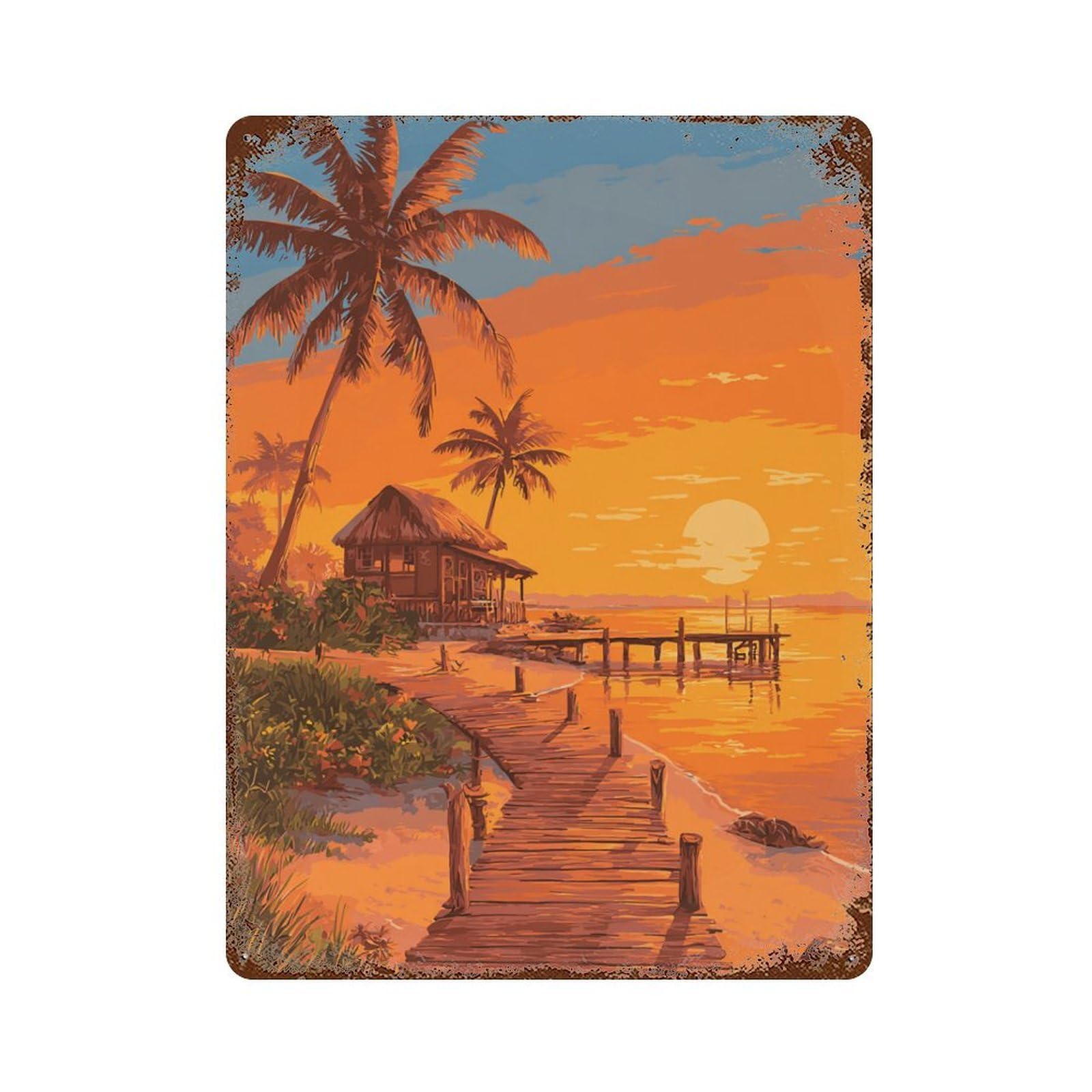 Rust Effect Tropical Sunset Dock Scene Rusty Metal Tin Sign 15.7"x11.8", Industrial Home Decor for Living Room, Hallway And Home Decor