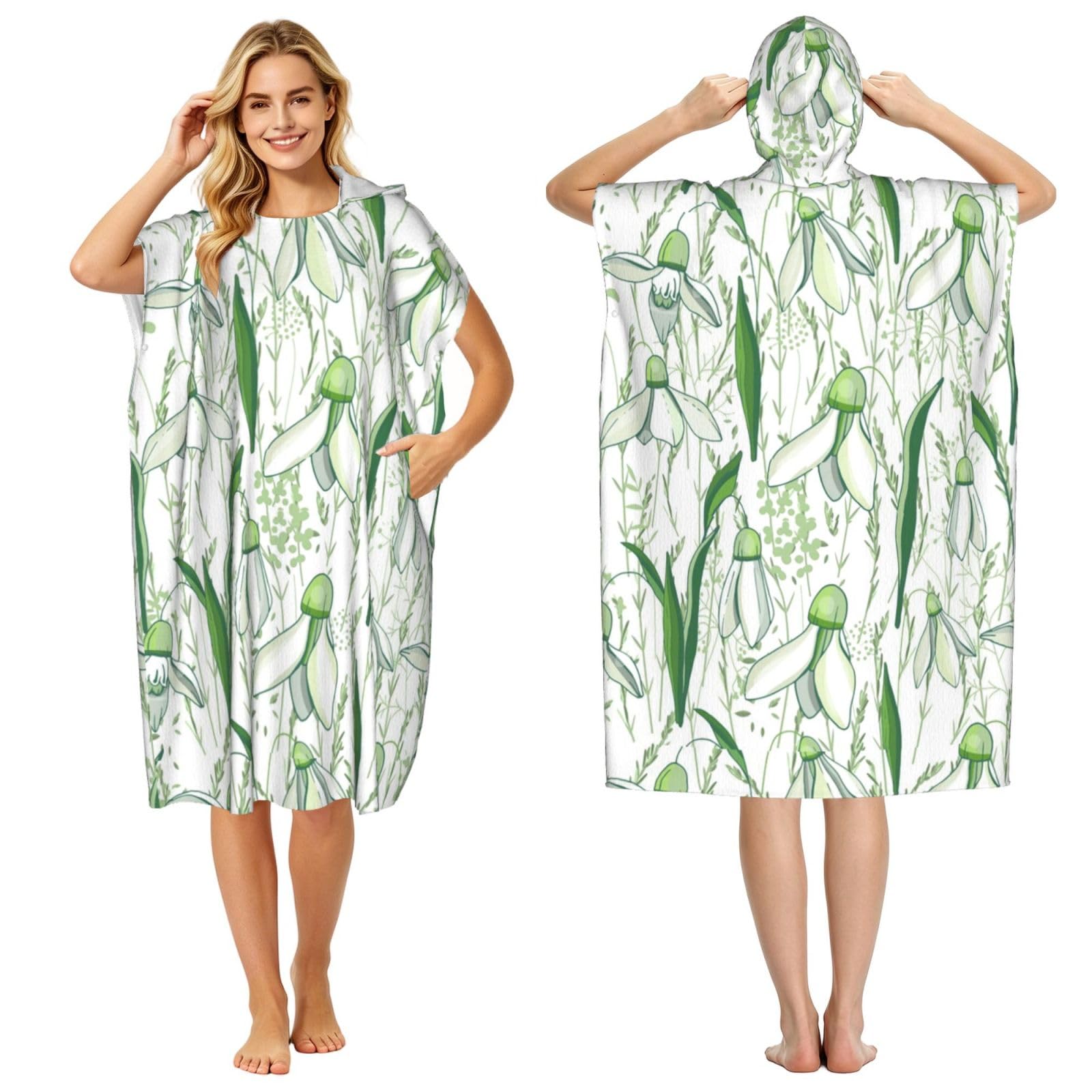 Poadnly Cute Snowdrop Herbs, Adult Hooded Beach Towel 90 x 110 cm,Changing Bath Robe, Surf Poncho Towel For Women Men
