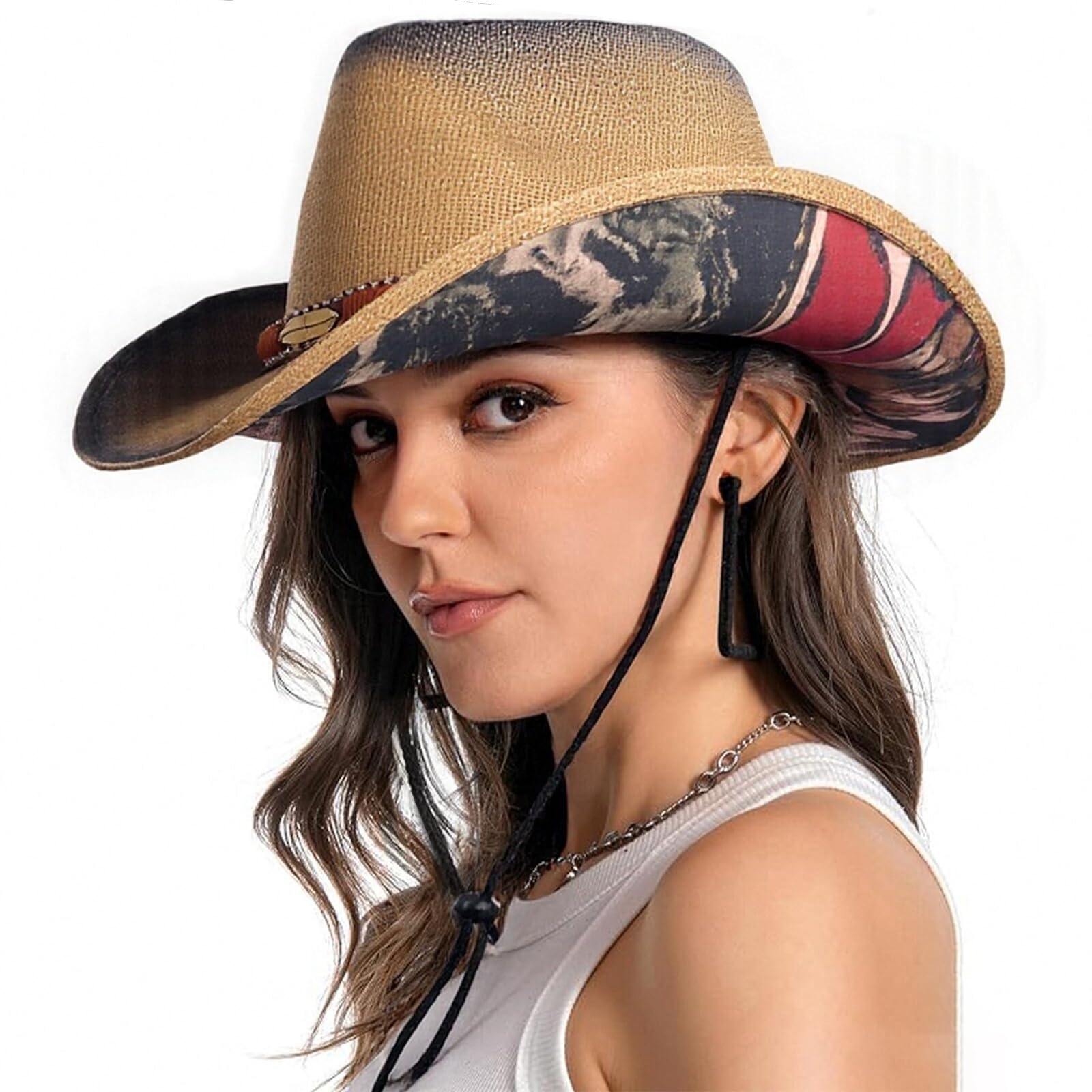 Cowboy Hats for Women, Brown Cowgirl Hats Classic Straw Western Hats for Women Music Festival Party Beach.