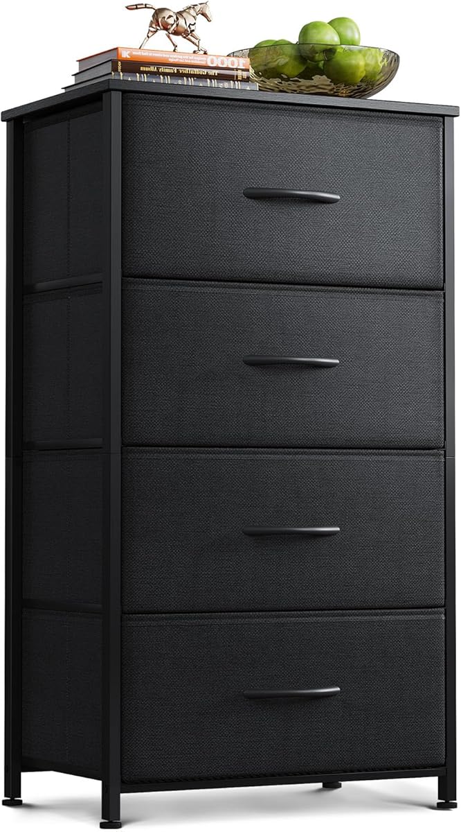 AODK Dresser for Bedroom with 4 Storage Drawers, Small Dressers Chest of Drawers Fabric Dresser with Sturdy Steel Frame, Black