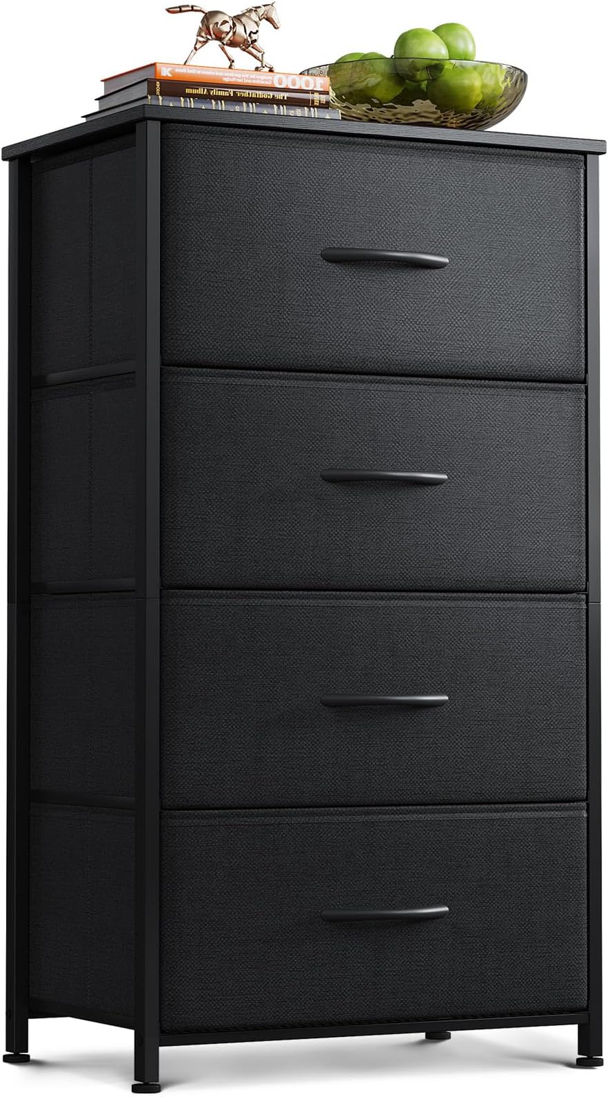Dresser for Bedroom with 4 Storage Drawers, Small Dressers Chest of Drawers Fabric Dresser with Sturdy Steel Frame, Black