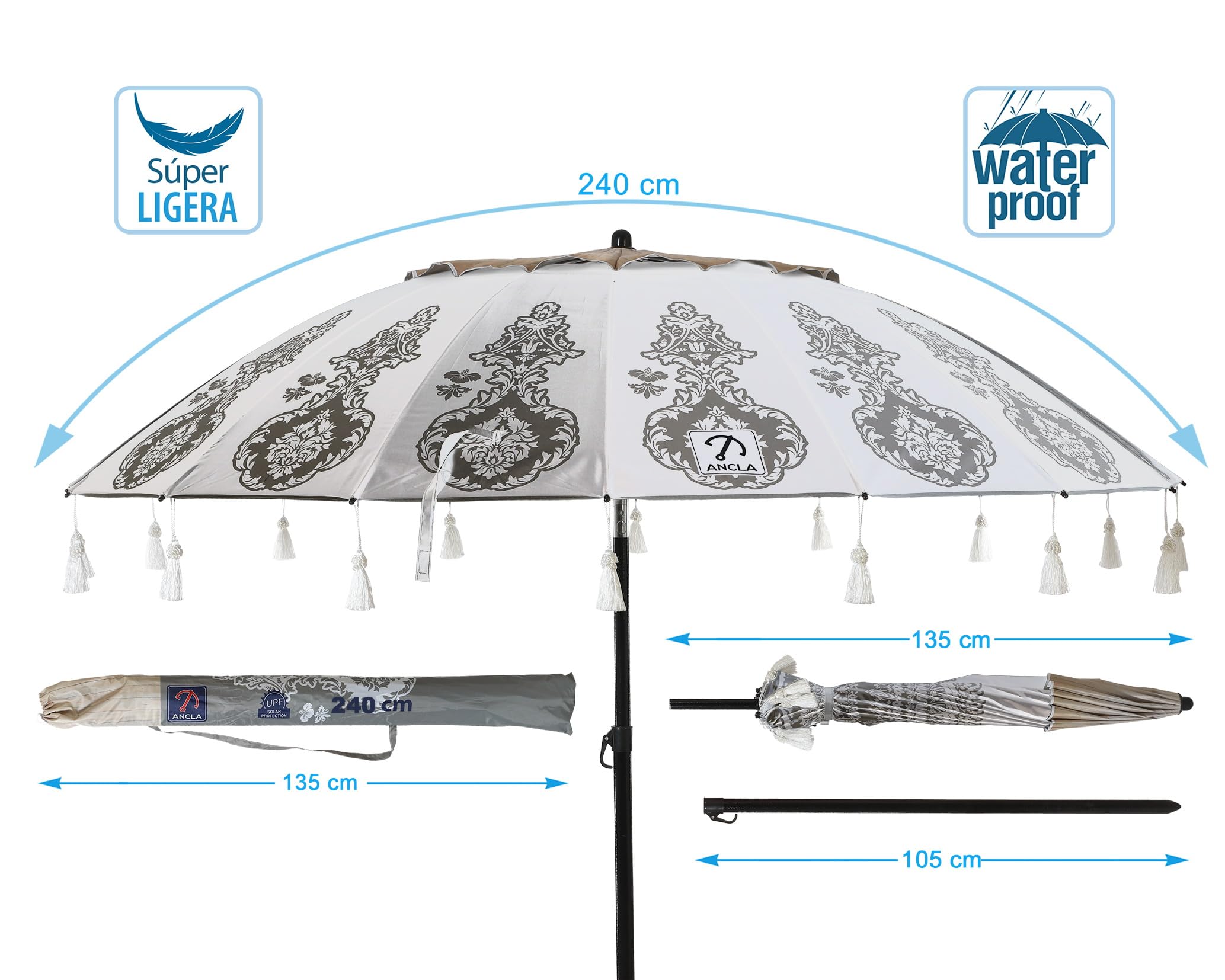 Atosa Strandschirm, Ø 180 bis 240 cm, aus Aluminium, Mandala-Design, LSF 50+, in den Farben Grau oder Weiß, weiß, 240 cm, Modell