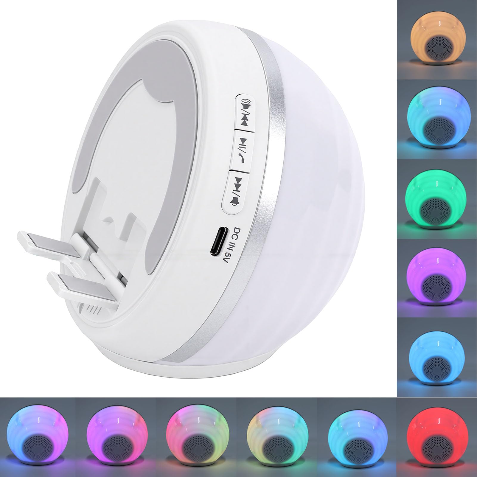 Jiawu Altavoz de Inducción con Soporte para Teléfono, 5.3 HiFi Bluetooth Sonido Envolvente de 360° Soporte para Teléfono con Luz Ambiental para Mesa de Inteligente, Soporta (White)