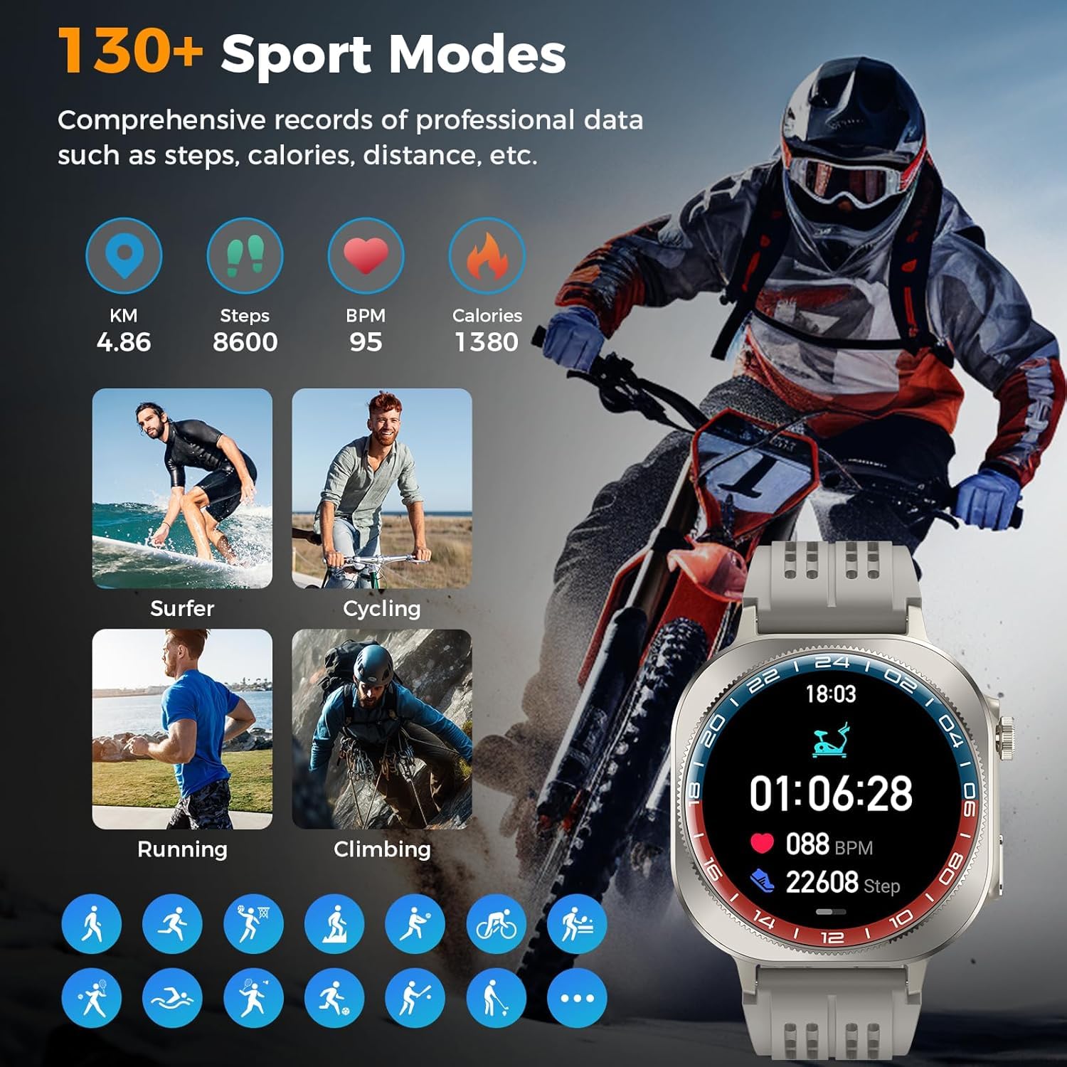 uaue Smartwatch Uomo, Orologio Smartwatch Uomo con Militari Fitness Tracker con Contapassi/Sonno/Cardiofrequenzimetro, IP68 Smart Watch per Android iOS