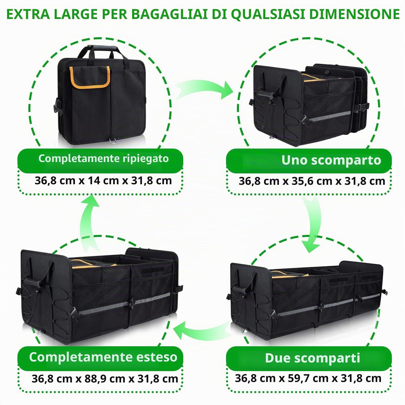 LIROPAU Organizer per bagagliaio auto, pieghevole, con borsa termica a prova di perdite, multi scomparti con divisori rimovibili, coperchio pieghevole, grande capacità per auto