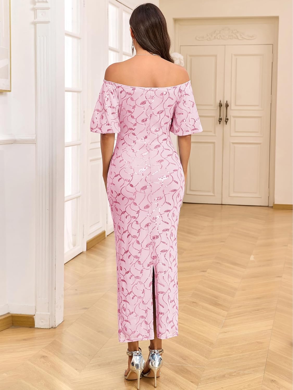 Maternity Off The Shoulder Sequin Maxi Dress Elegant Ruched Bodycon Formal Evening Gown for Baby Shower Photoshoot