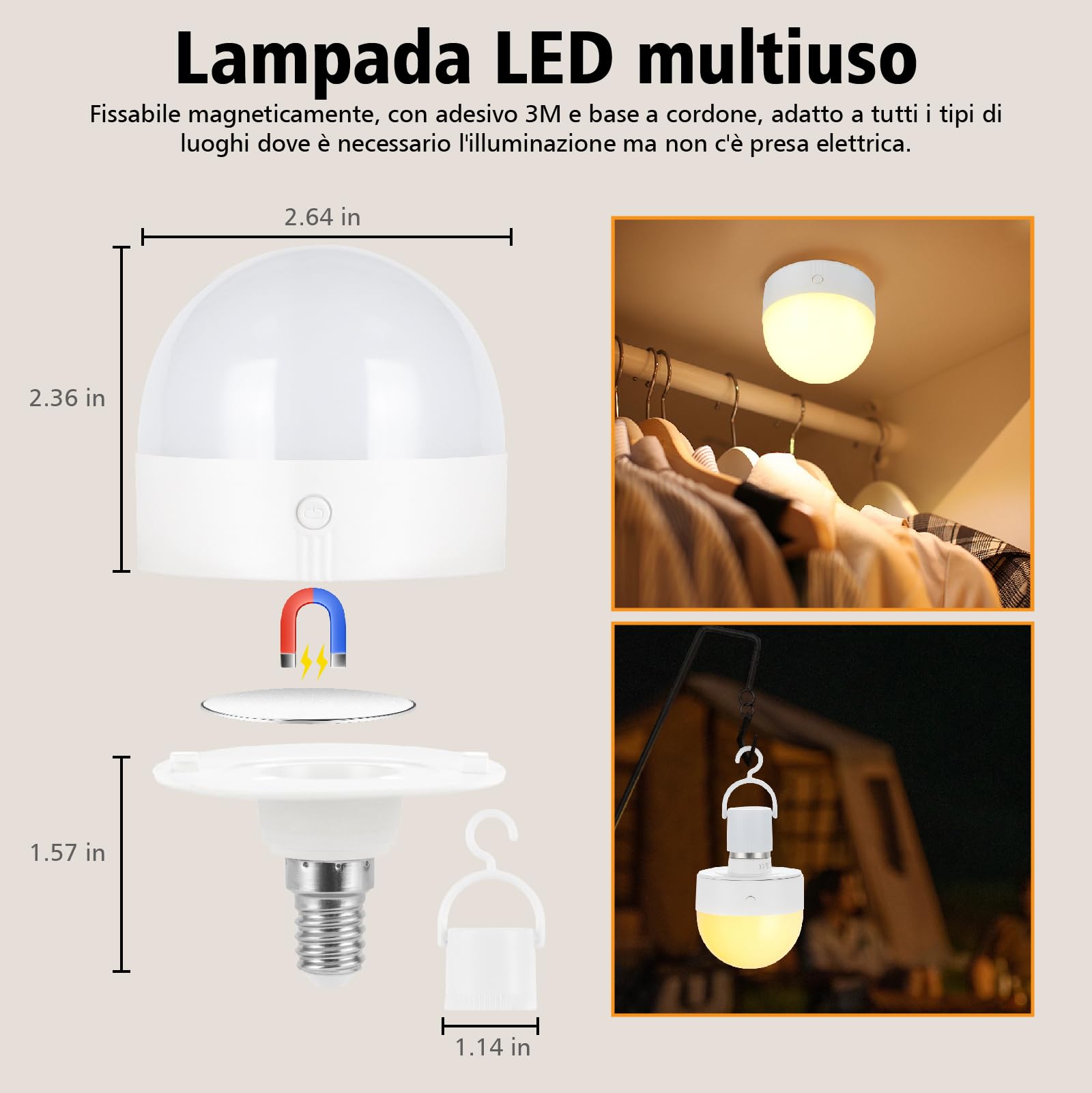 Psatfito Lampadina ricaricabile con timer e telecomando, lampadine a batteria dimmerabili con base magnetica, lampadina LED di ricarica E14, lampade non cablate con 3 temperature di colore + 12 RGB