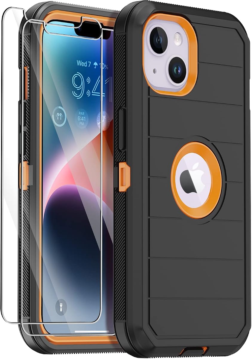 for iPhone 14 Case with 2 Screen Protector,Full Body Shockproof Drop Protection Dust Proof Heavy Duty 3-Layer Rugged Durable Military Grade Cover for Apple iPhone 14 6.1" (Black/Oranger)