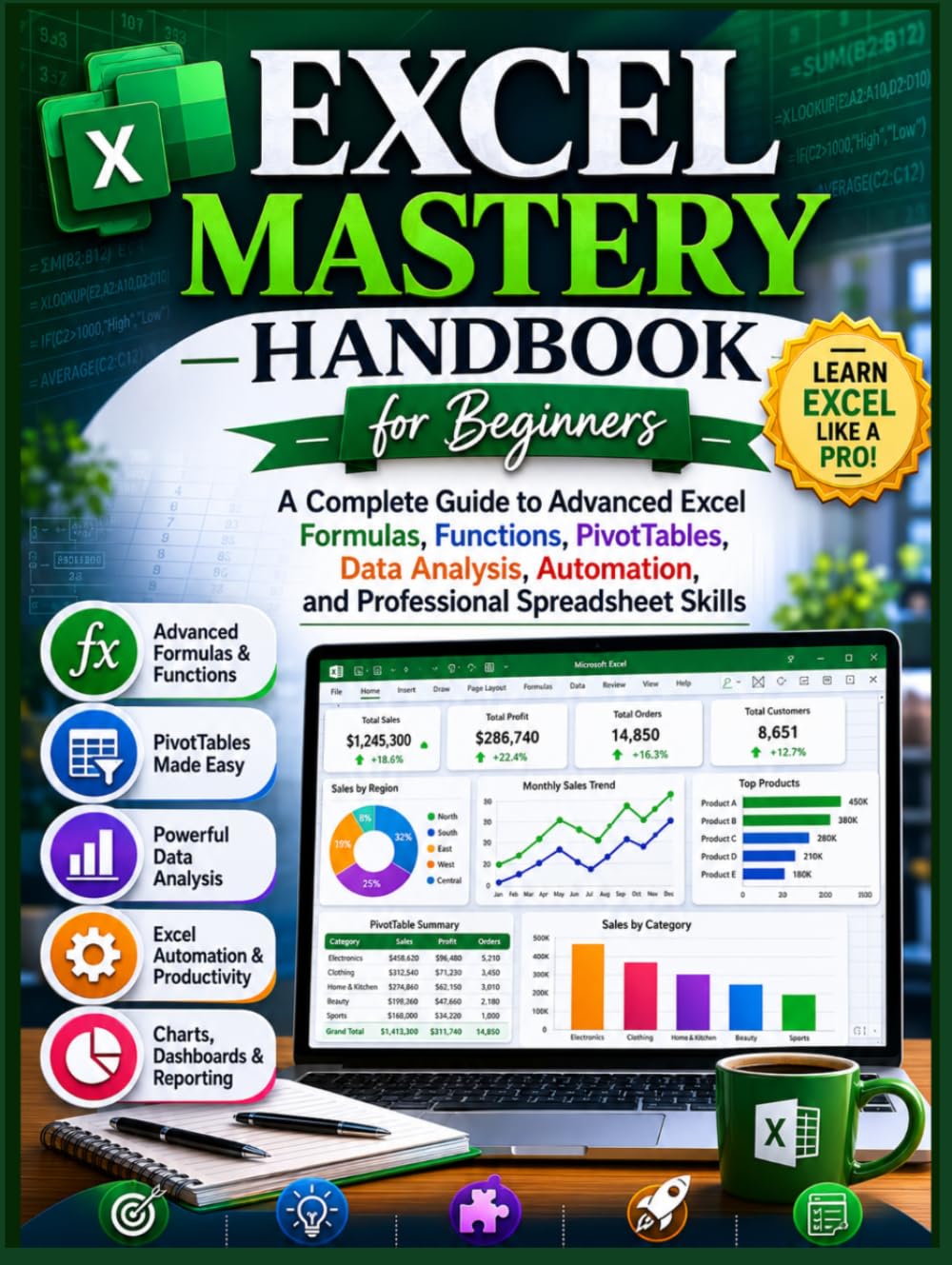 Excel Mastery Handbook for Beginners: A Complete Guide to Advanced Excel Formulas, Functions, PivotTables, Data Analysis, Automation, and Professional Spreadsheet Skills