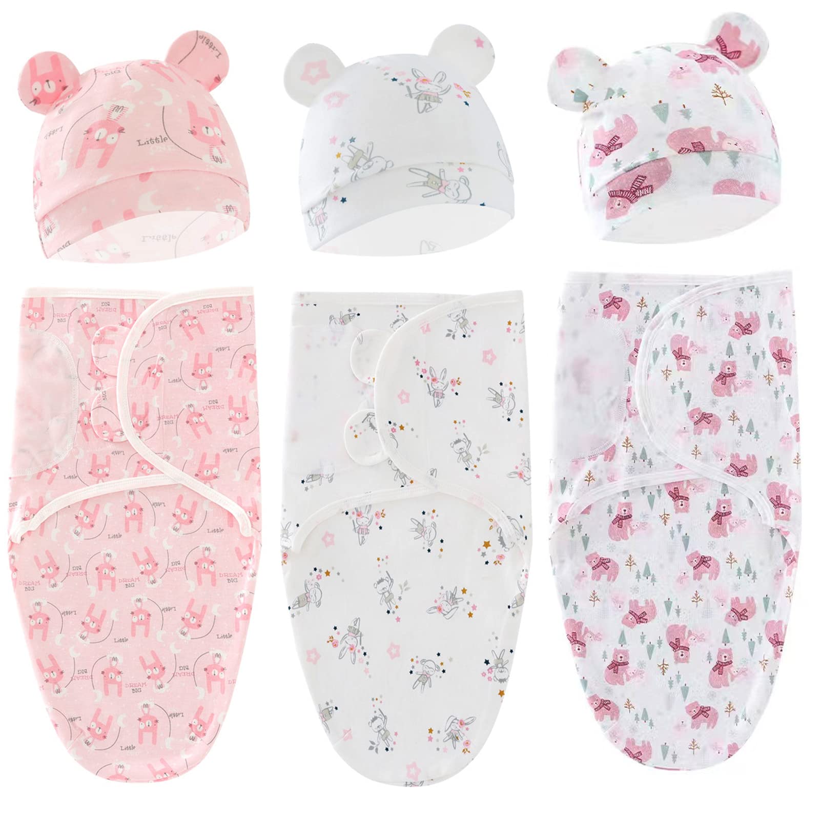 Baby Swaddle Sleep Sack with Hat Set for 0-3 months 3-Pack Soft Cotton Newborn Wearable Swaddle Wrap for Girls Boys